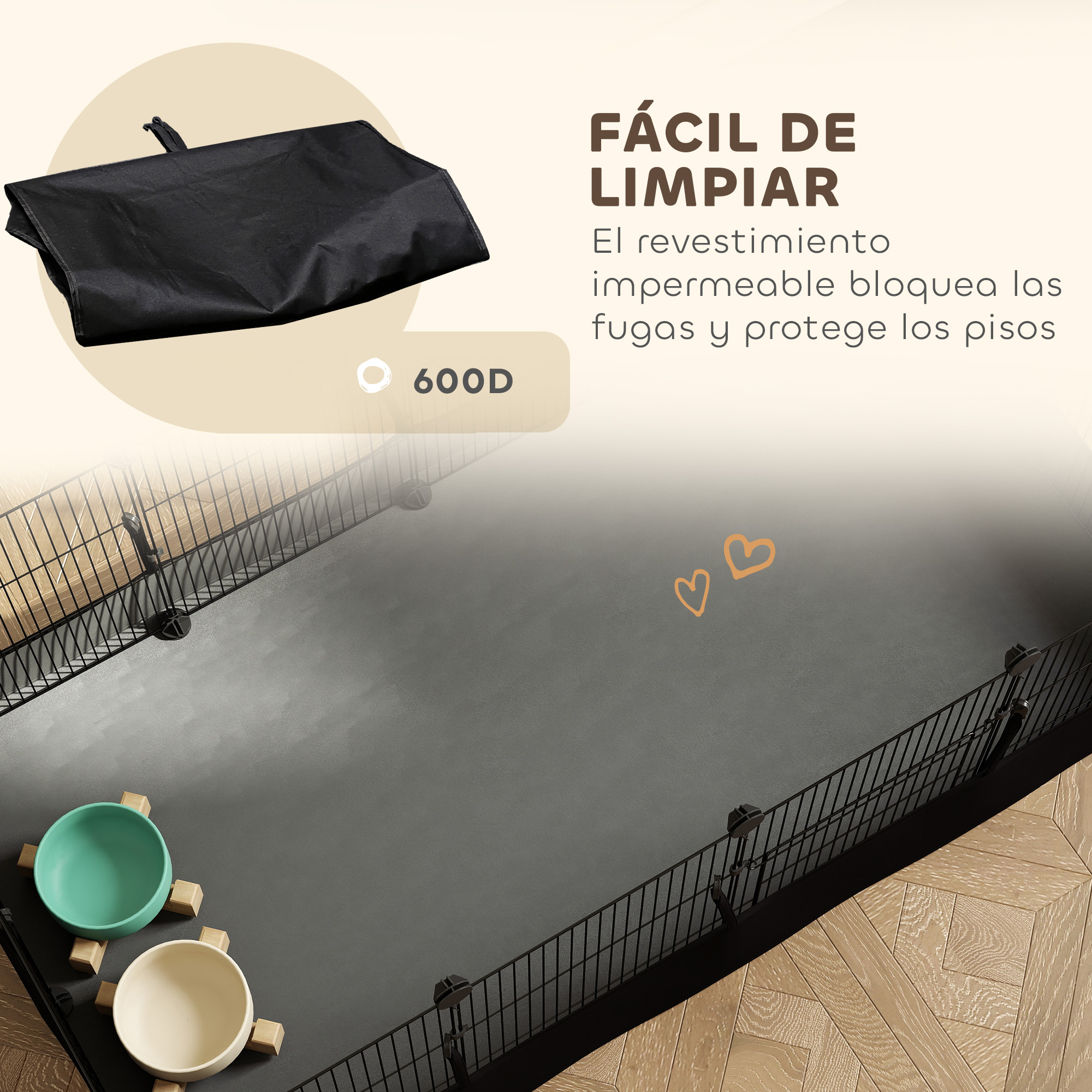 Funda negra, jaula con cuencos, texto sobre fácil limpieza.