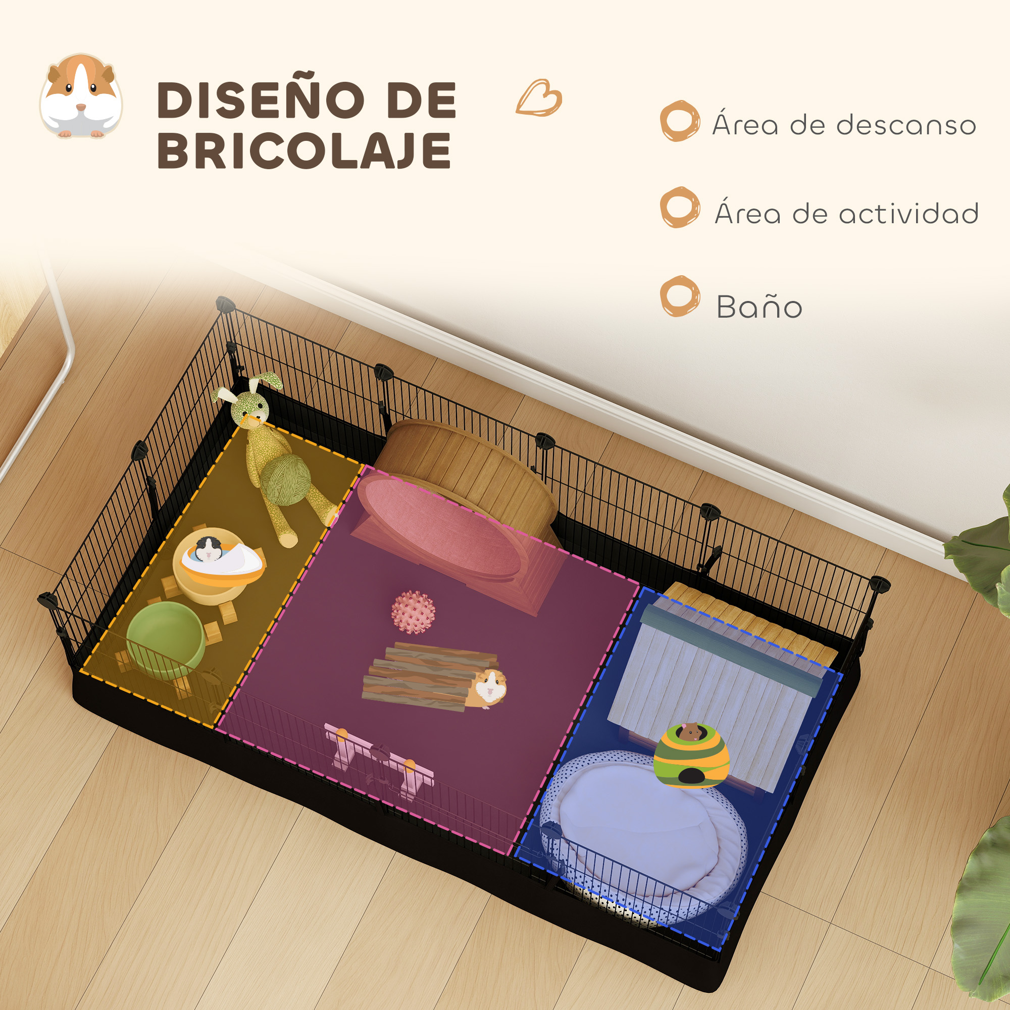 Una jaula para cobayas dividida en tres zonas: descanso, actividad y baño.