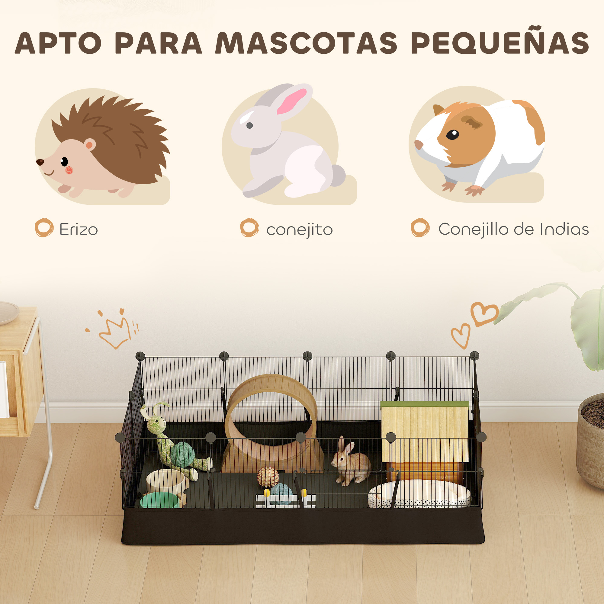 Ilustración de mascotas pequeñas: erizo, conejo, conejillo de indias y su jaula.