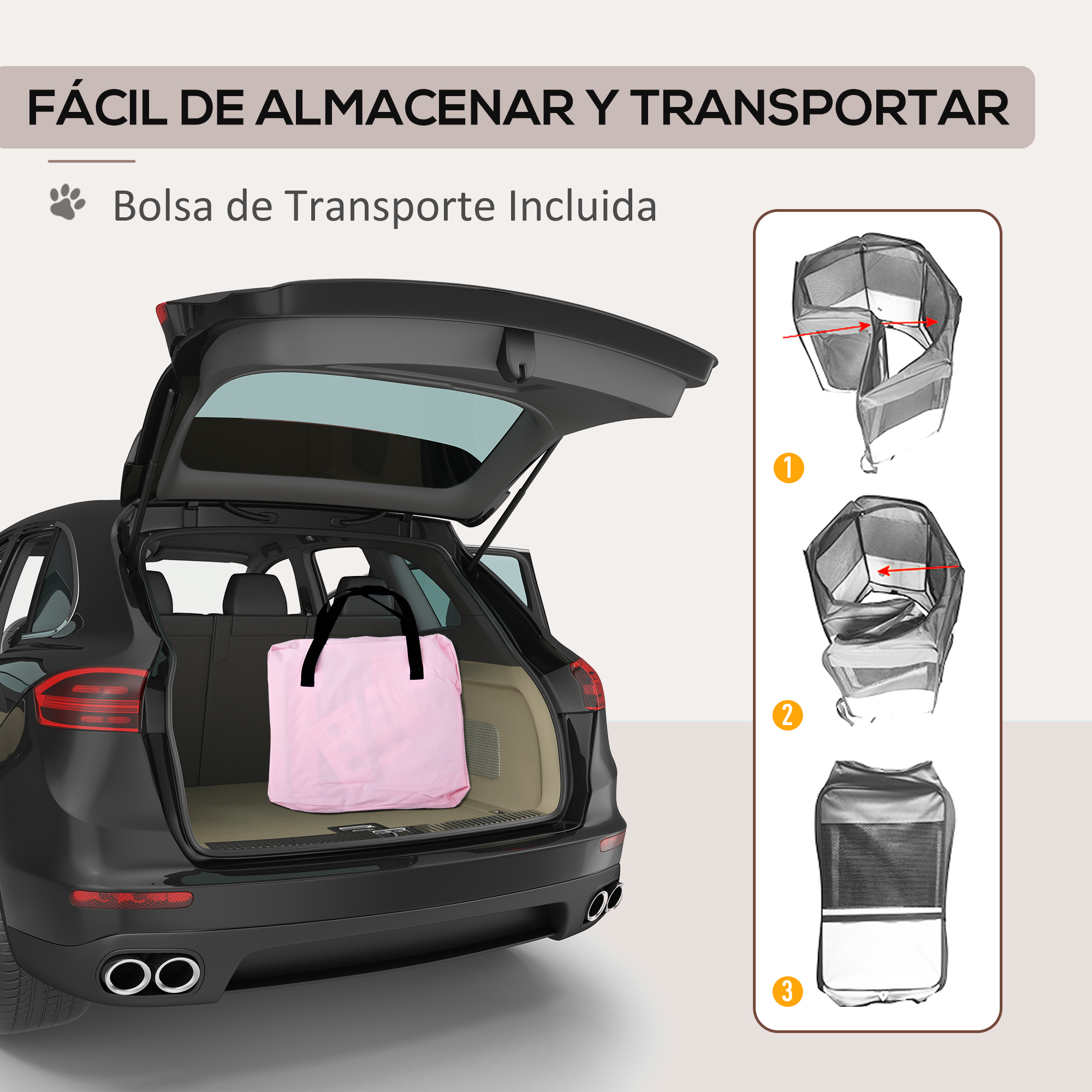 Una bolsa de transporte rosa yace en el maletero de un coche. Hay instrucciones al lado.
