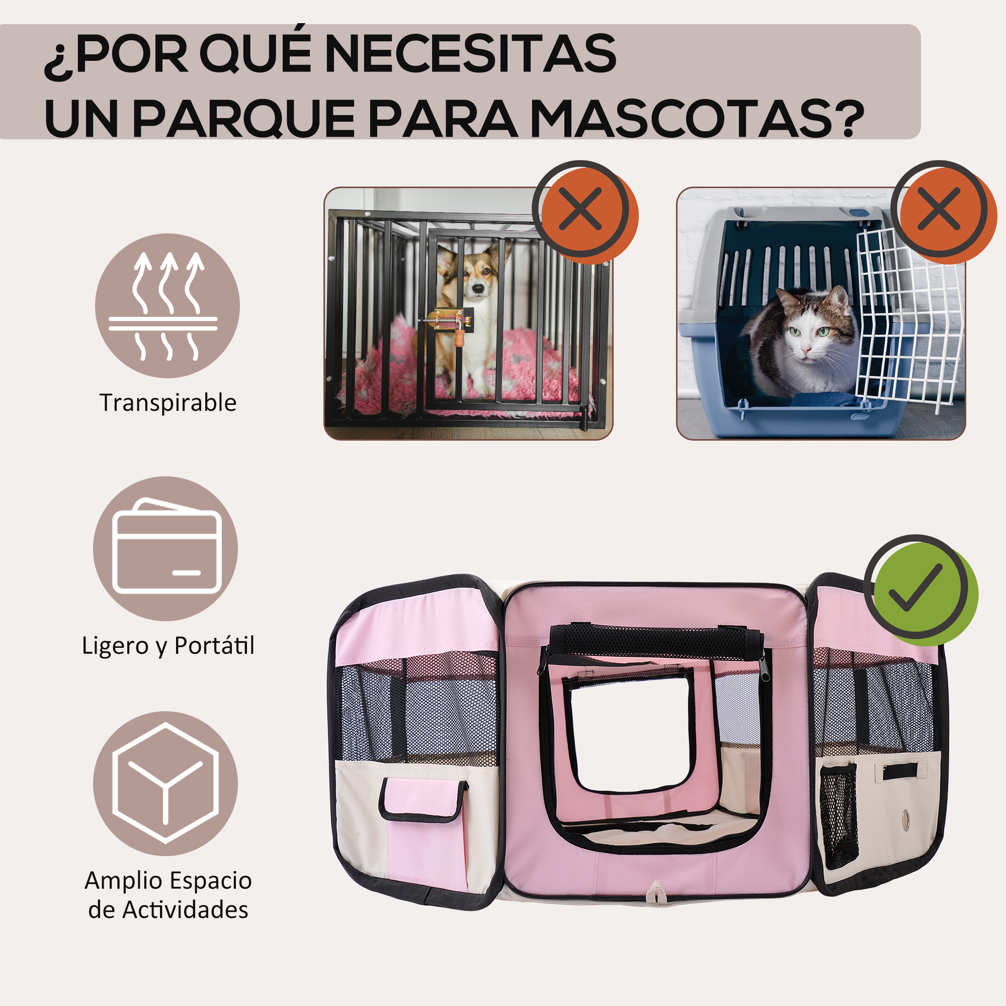 Un perro en una jaula, un gato en un transportín, y una caseta rosa.
