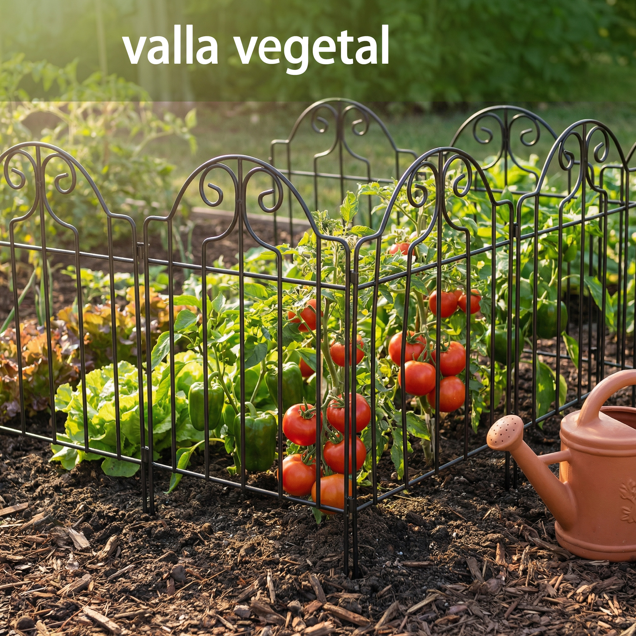 Una pequeña valla decorativa protege tomates y lechugas en un jardín.