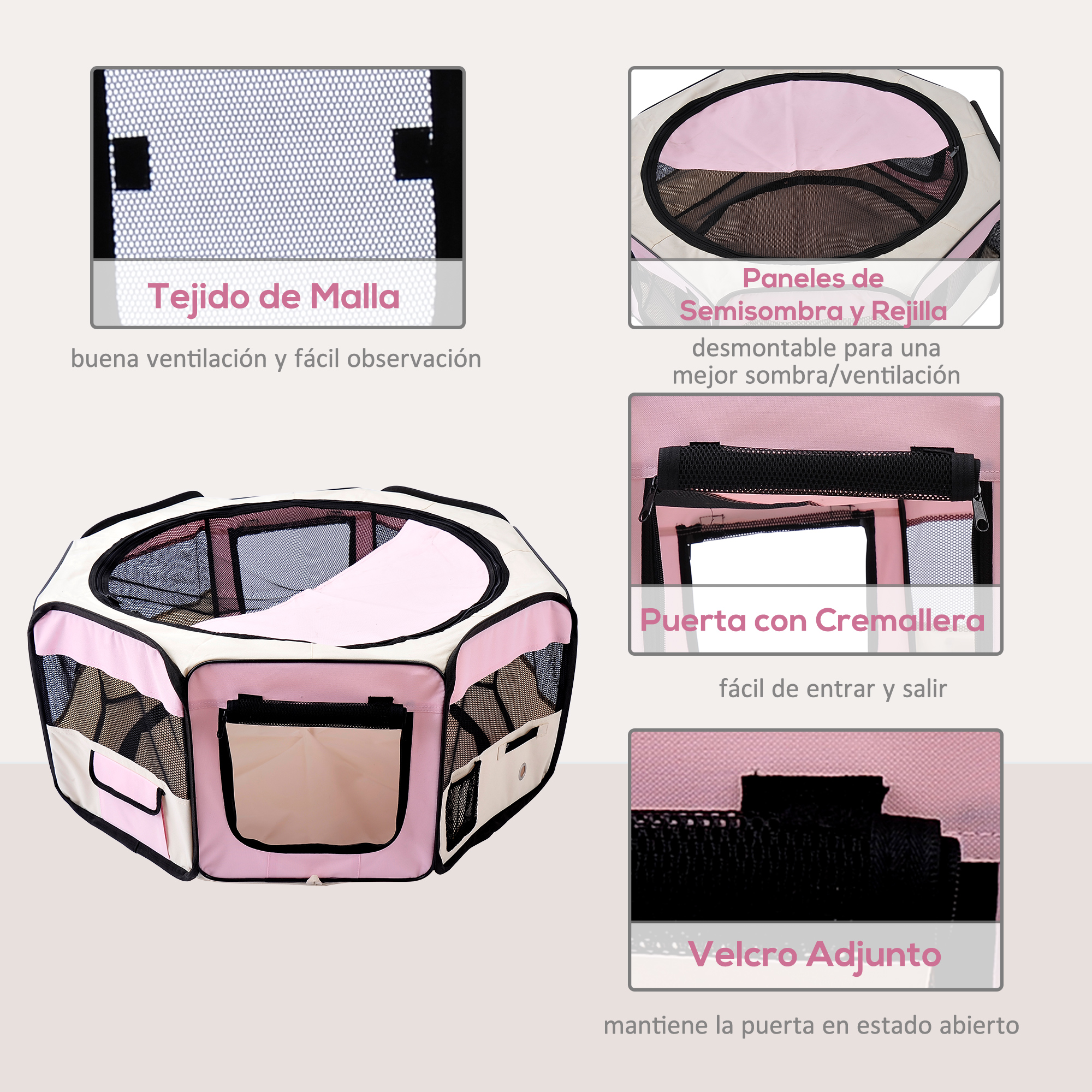 Un corralito para mascotas de tela rosa y beige con ventanas de malla.