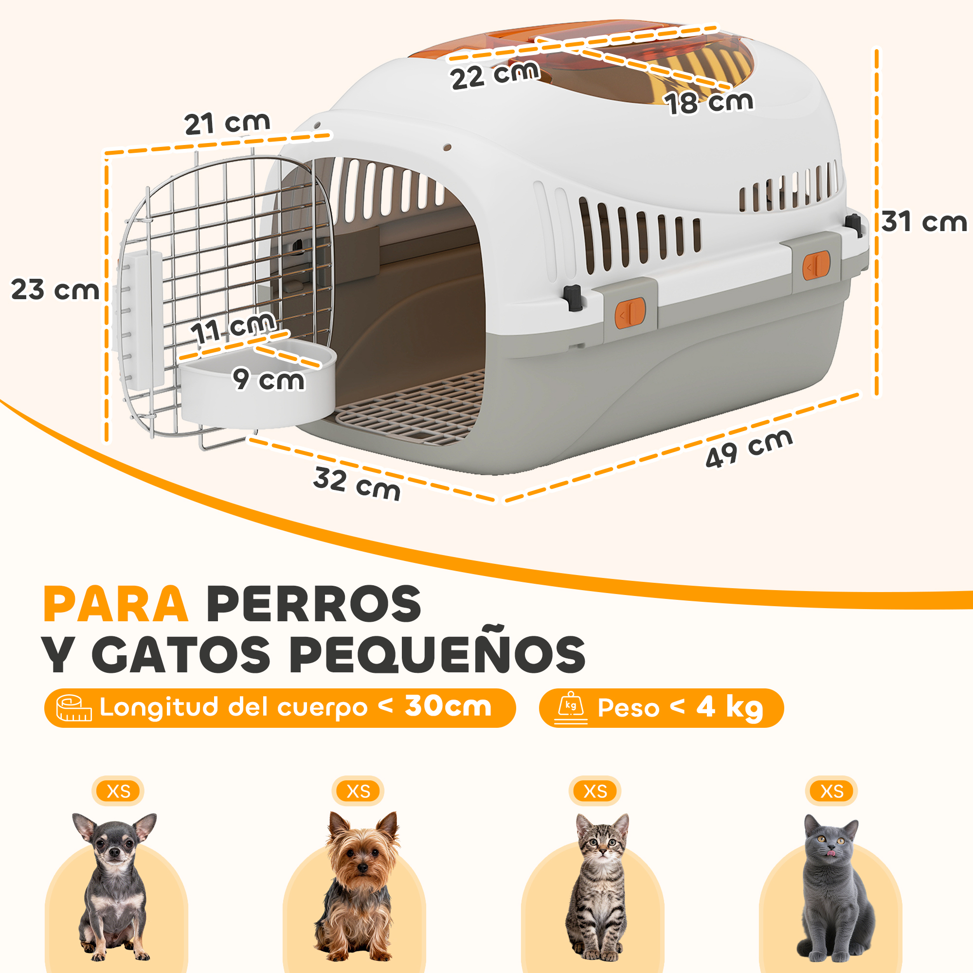 Transportín blanco y gris para perros con medidas y animales pequeños.