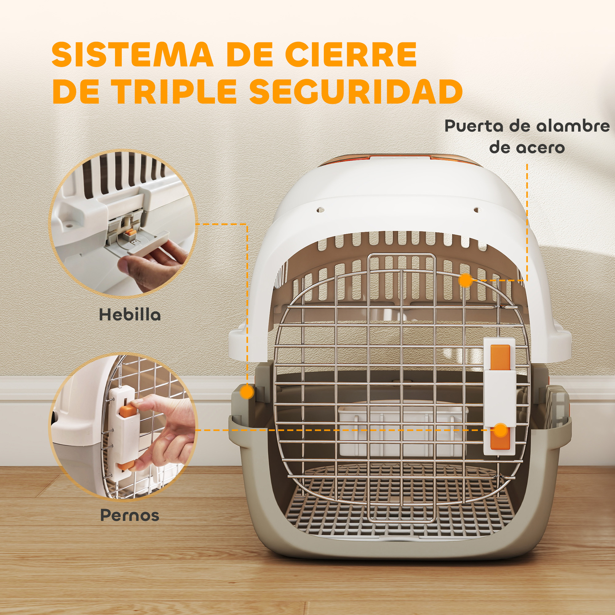 Un transportín para perros blanco y gris con puerta de rejilla metálica.