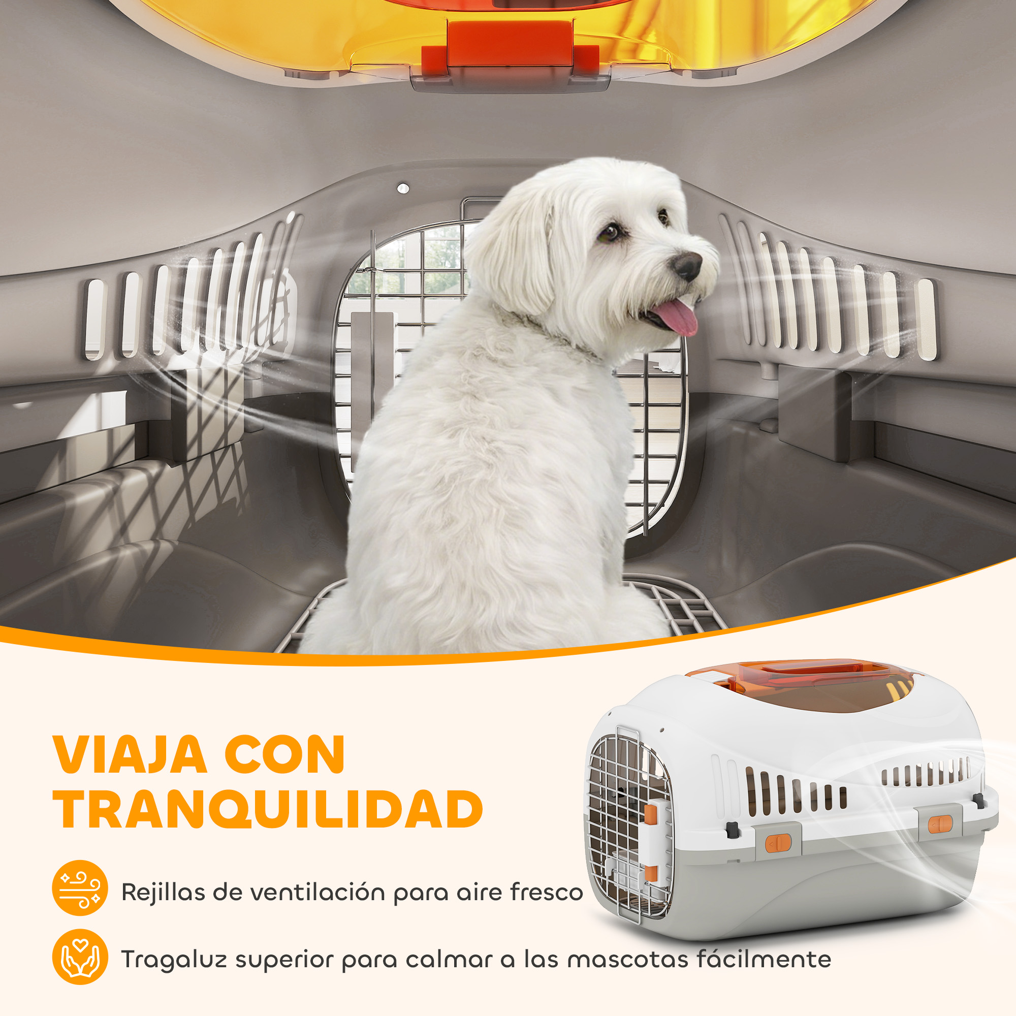 Un perro blanco sentado en una transportadora con rejillas de ventilación.