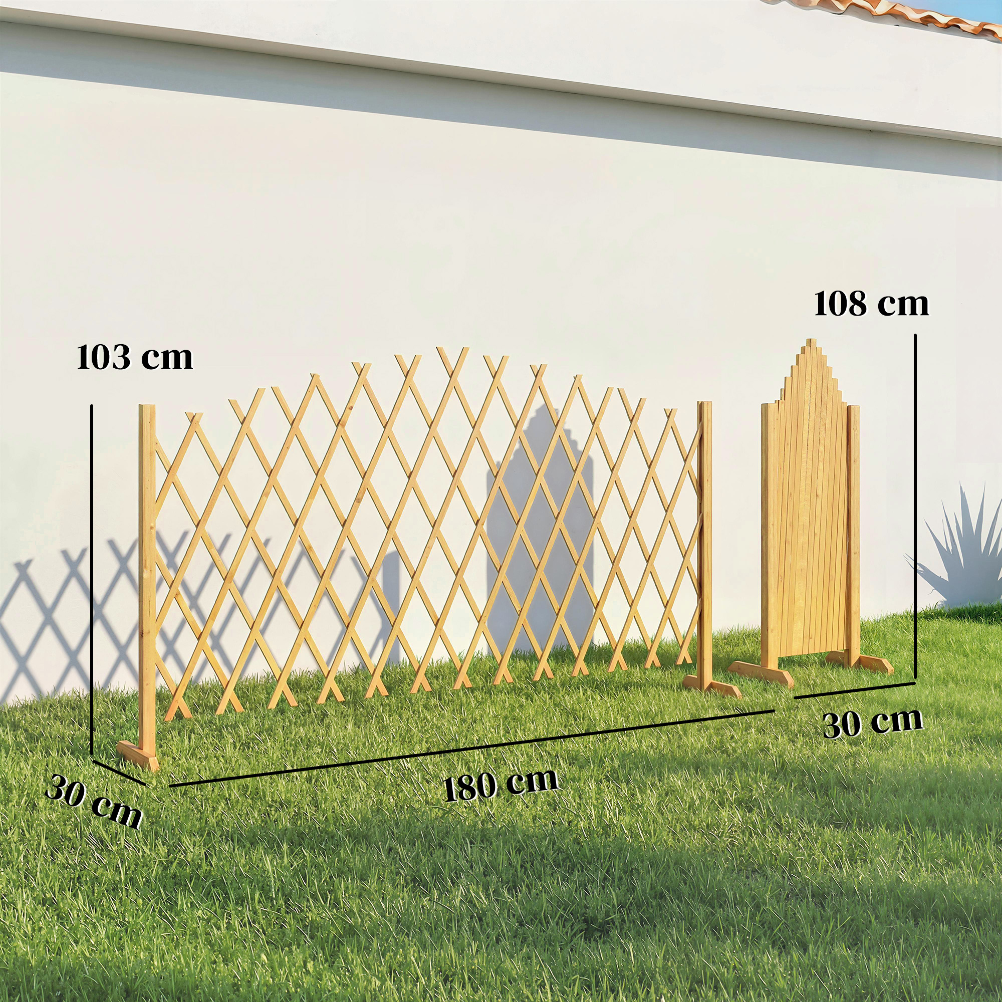 Celosía y panel de madera sobre césped. Dimensiones mostradas: 103cm, 108cm, 30cm, 180cm.