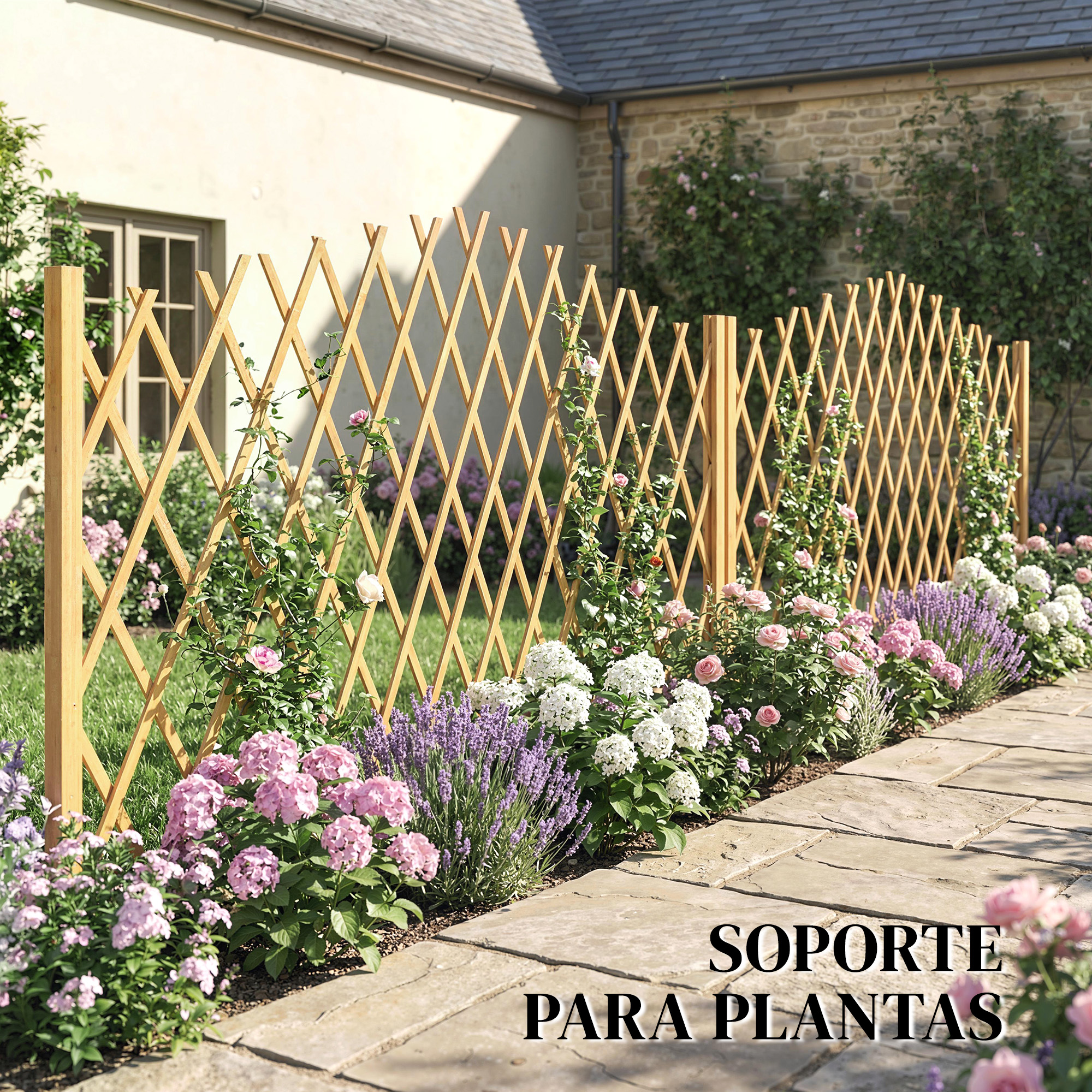 Valla de celosía de madera con rosas, lavanda e hortensias en un jardín.