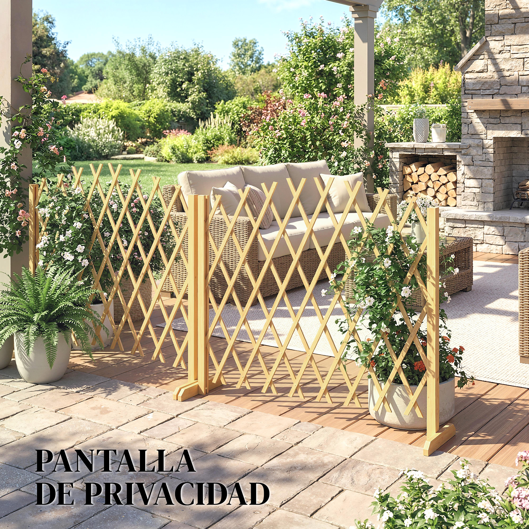 Un biombo de madera con plantas y muebles en un patio.