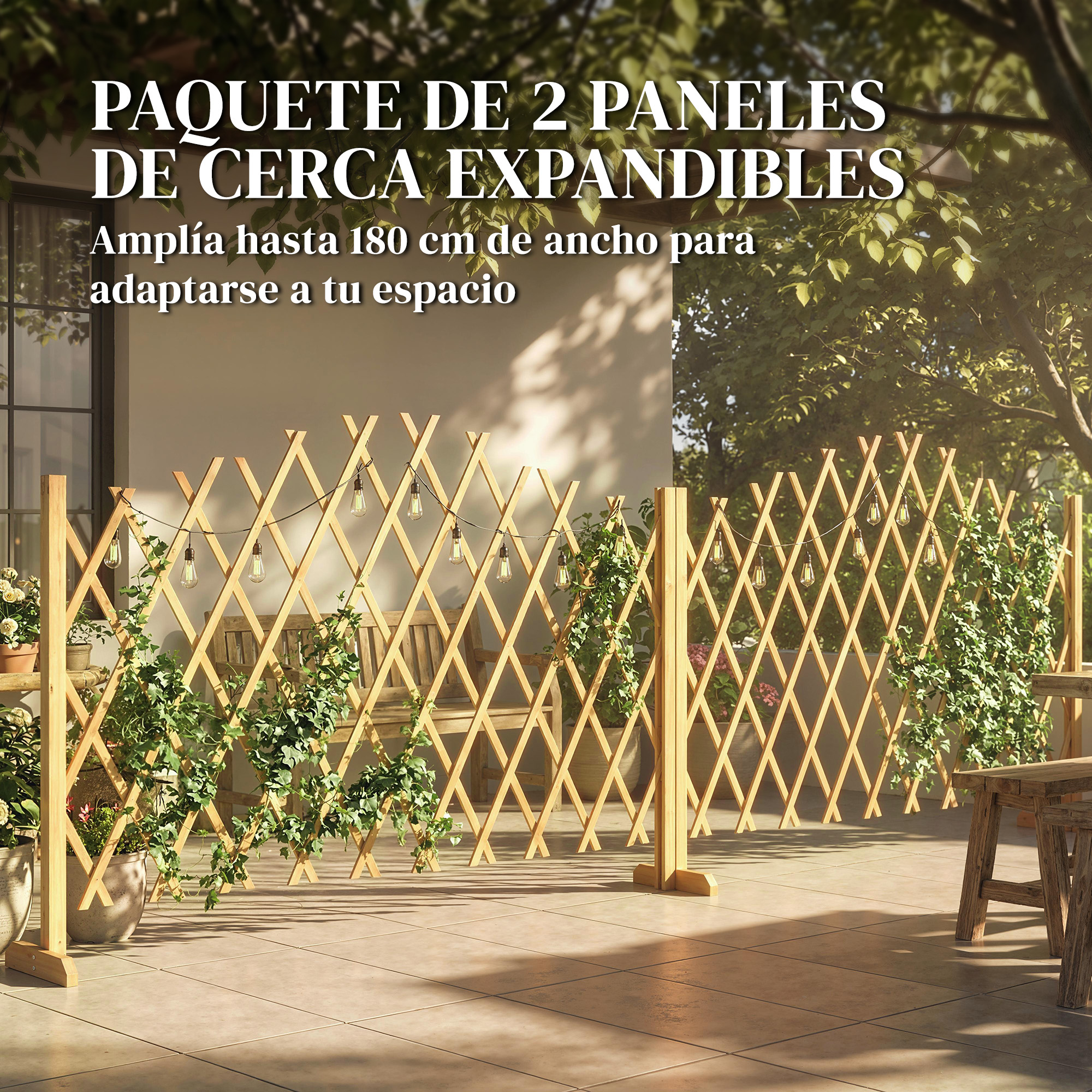 Una valla expandible de madera con luces y plantas en un patio.