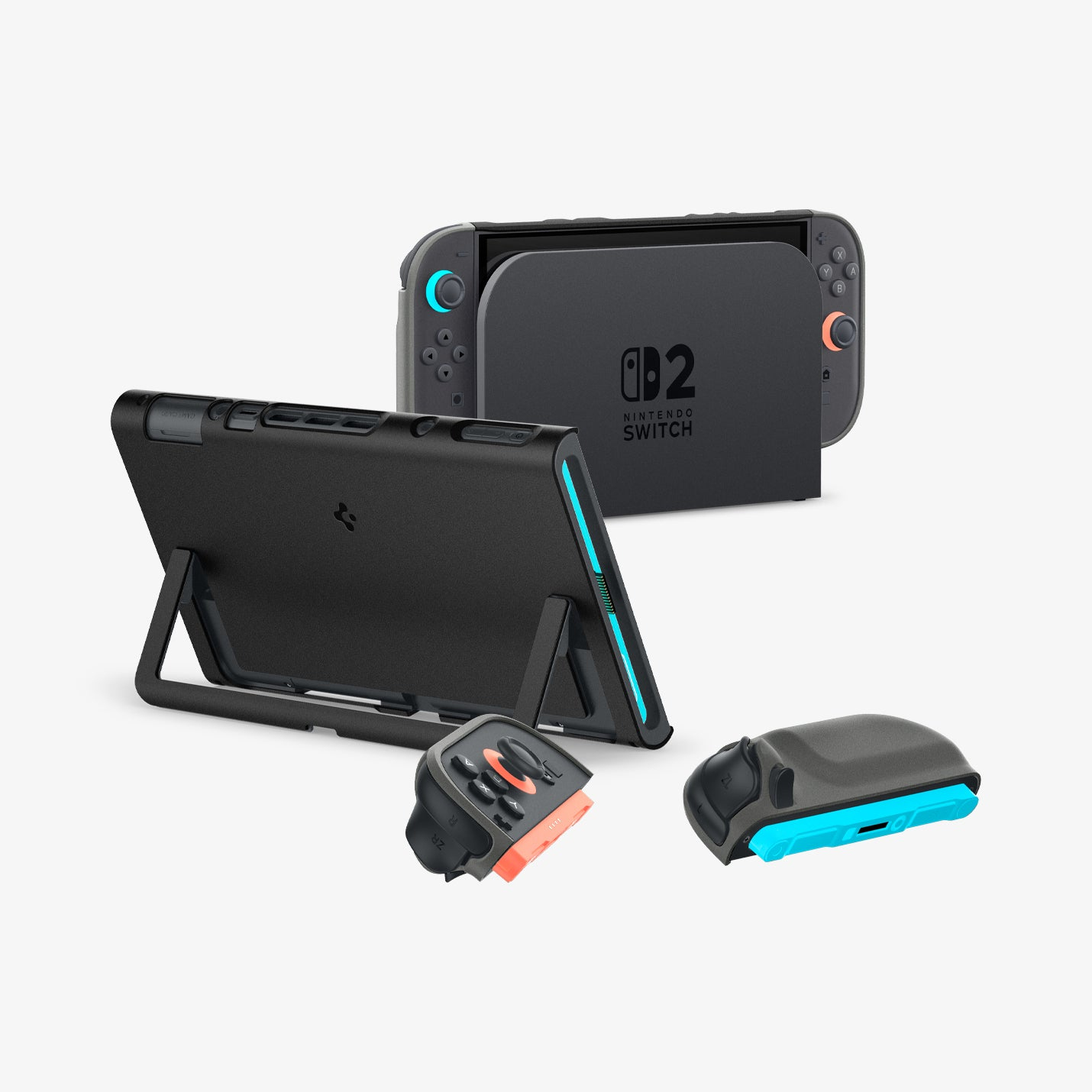 Console Nintendo Switch con accessori: dock, custodia protettiva, impugnature.