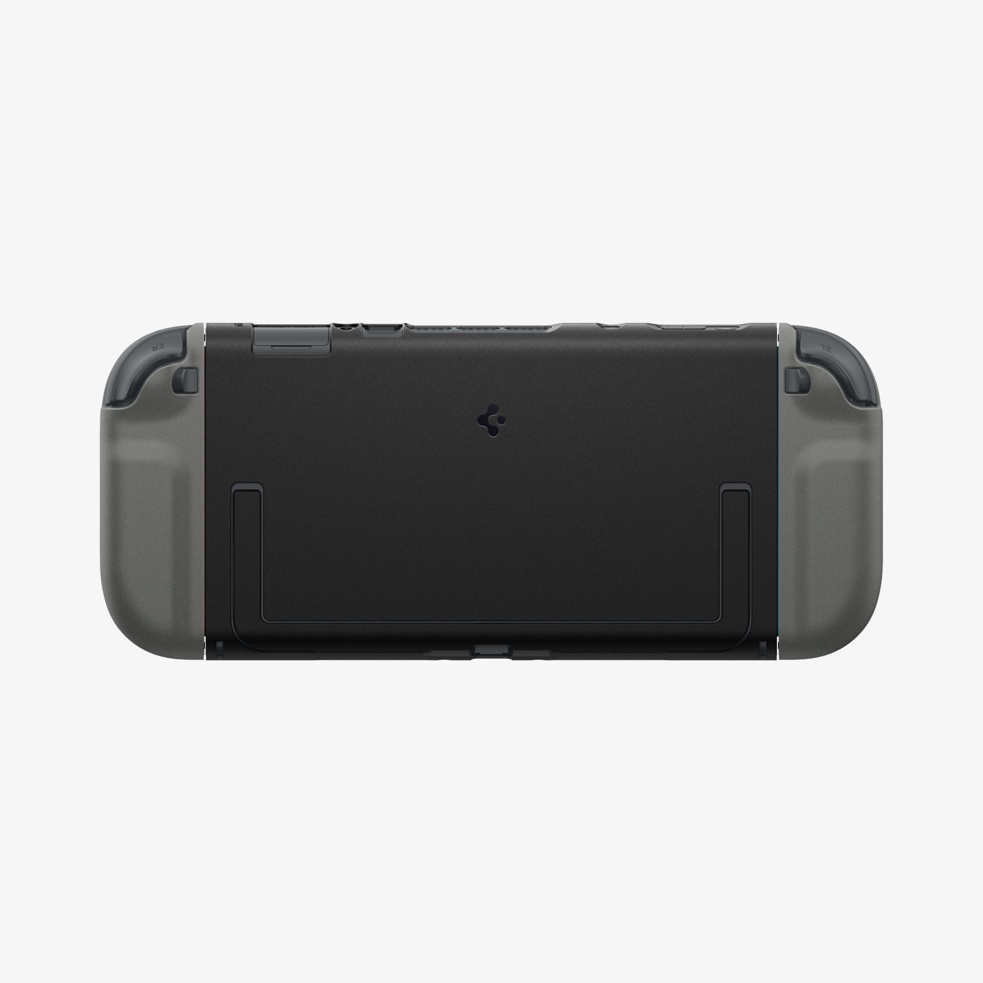 Retro di una custodia nera per Nintendo Switch con impugnature grigie e logo Spigen.