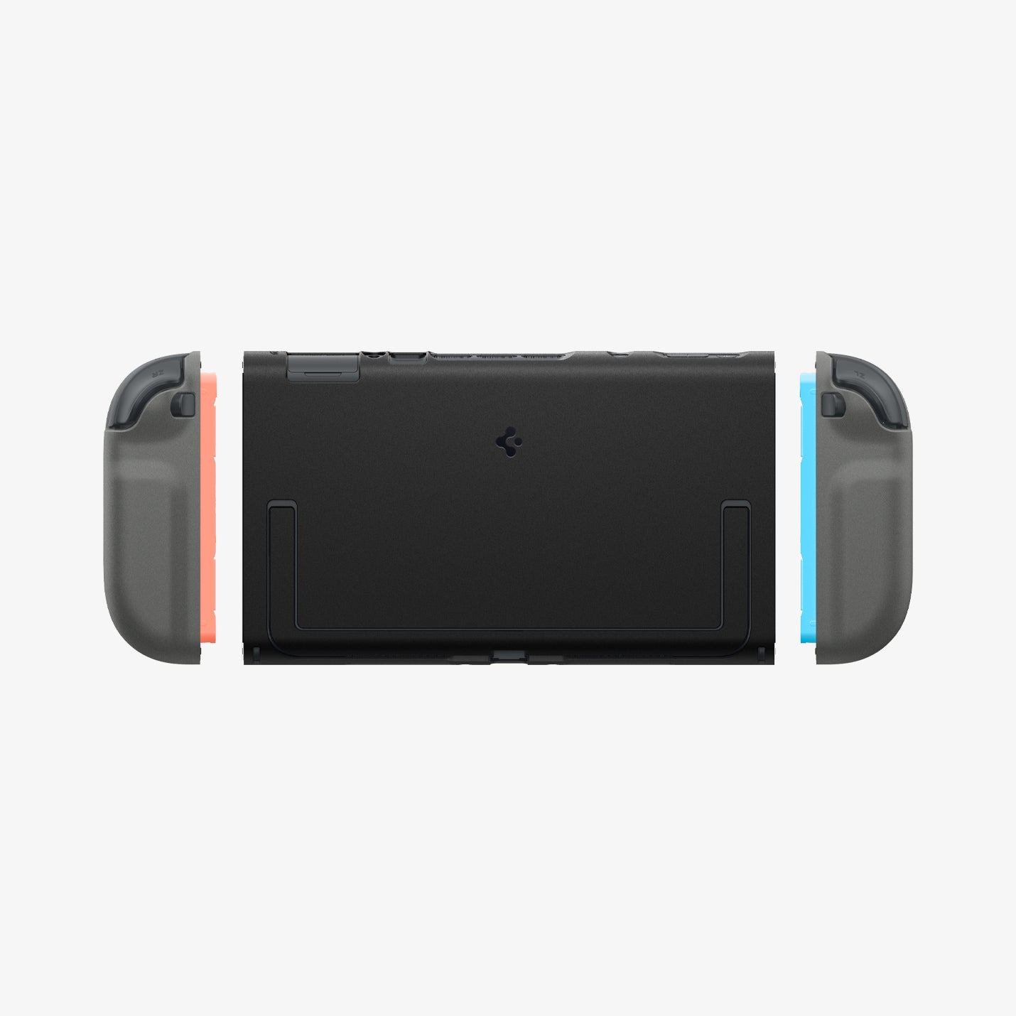 Una custodia nera per Nintendo Switch con Joy-Con grigi staccabili (rosso e blu).
