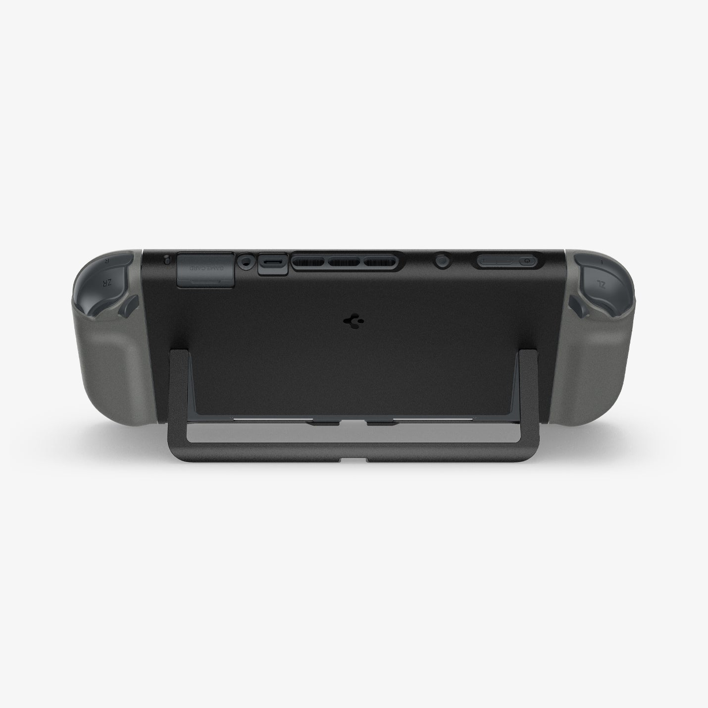 Dispositivo portatile grigio con supporto nero e impugnature scure.