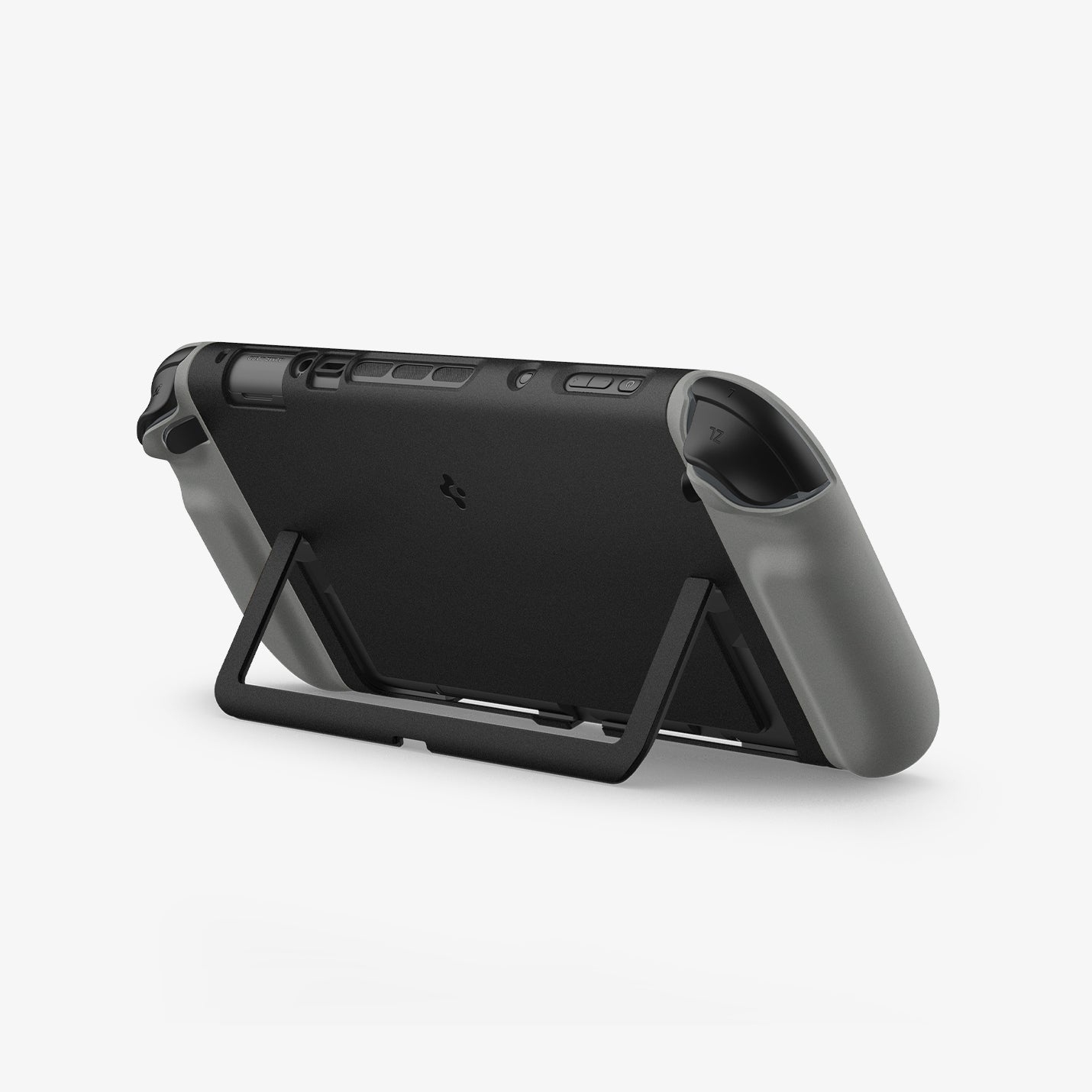 Custodia grigia con supporto nero per Nintendo Switch, mostra porte e pulsanti.