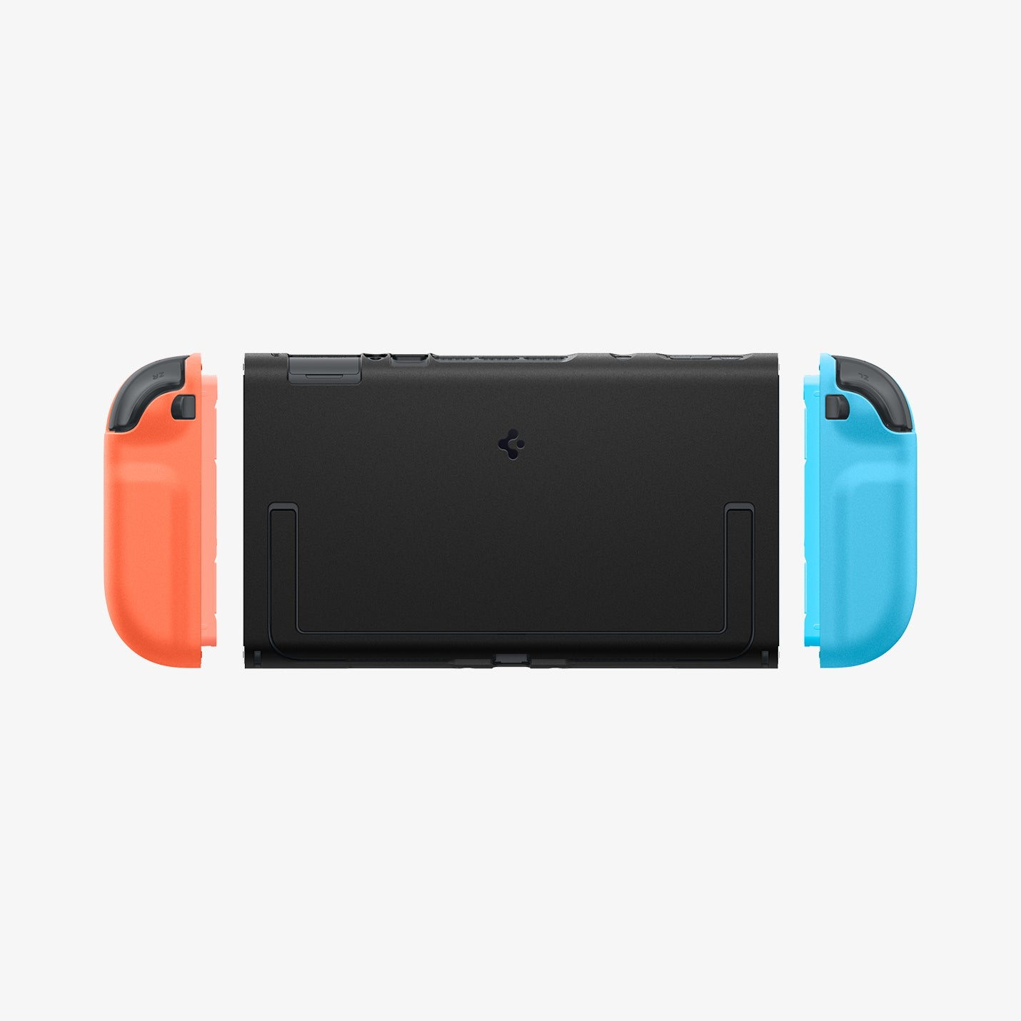 Una Nintendo Switch nera con Joy-Con arancioni e blu.