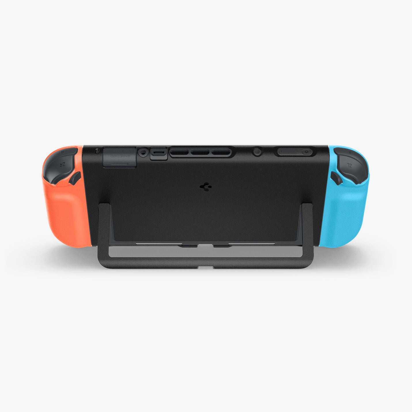 Nintendo Switch arancione e blu con cavalletto. Slot per schede di gioco e pulsanti visibili.