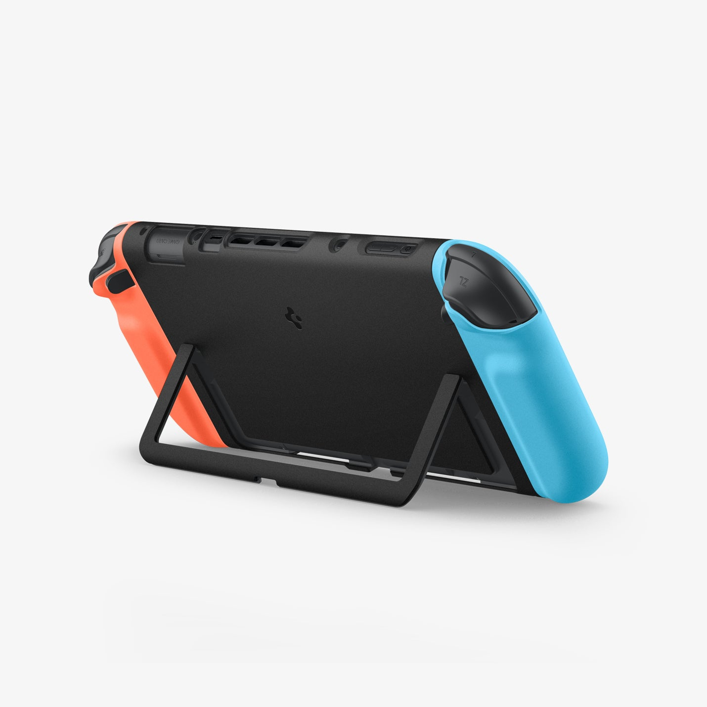 Custodia nera per Nintendo Switch con impugnature arancioni e blu e cavalletto.