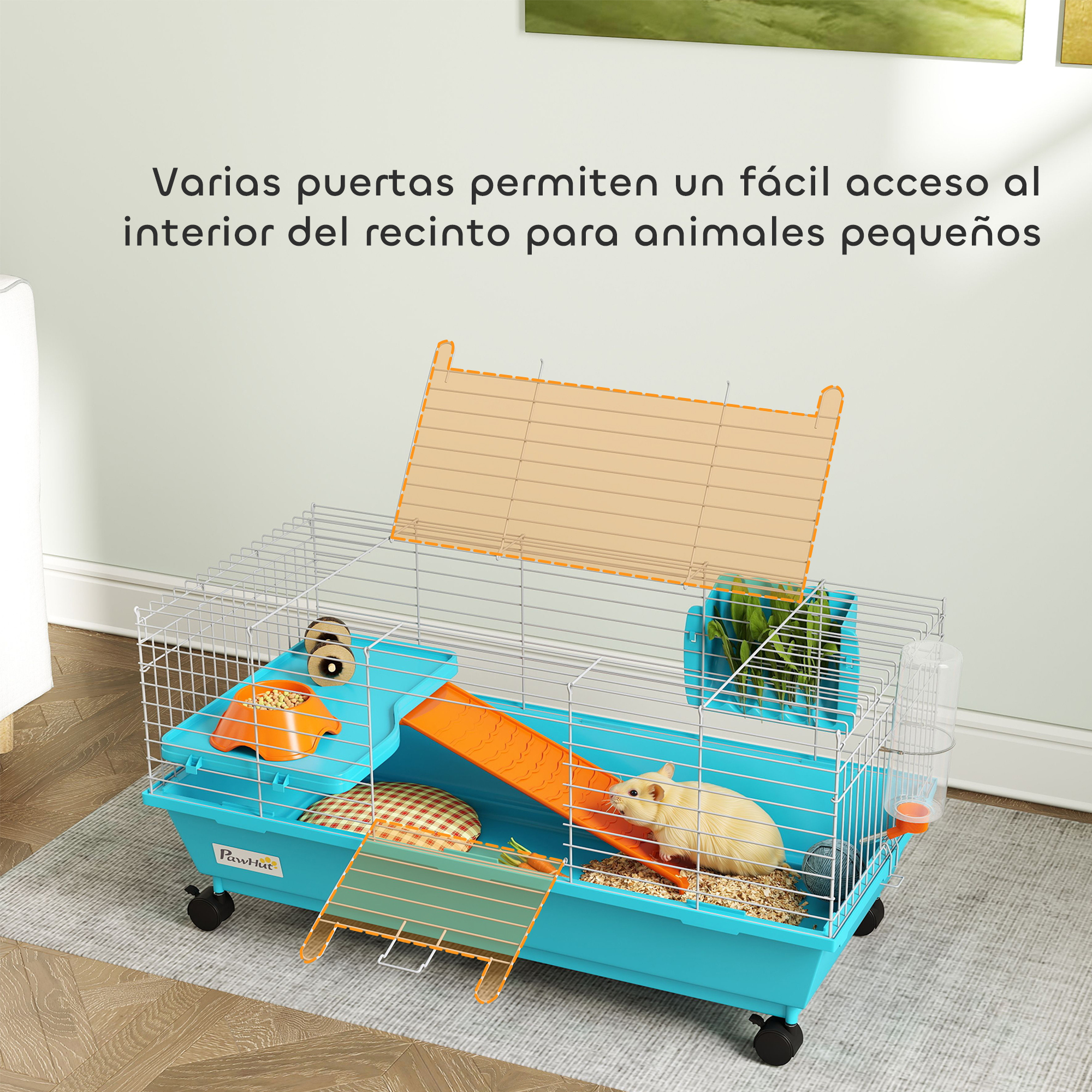 Un conejillo de indias amarillo claro en una jaula azul con comida y agua.