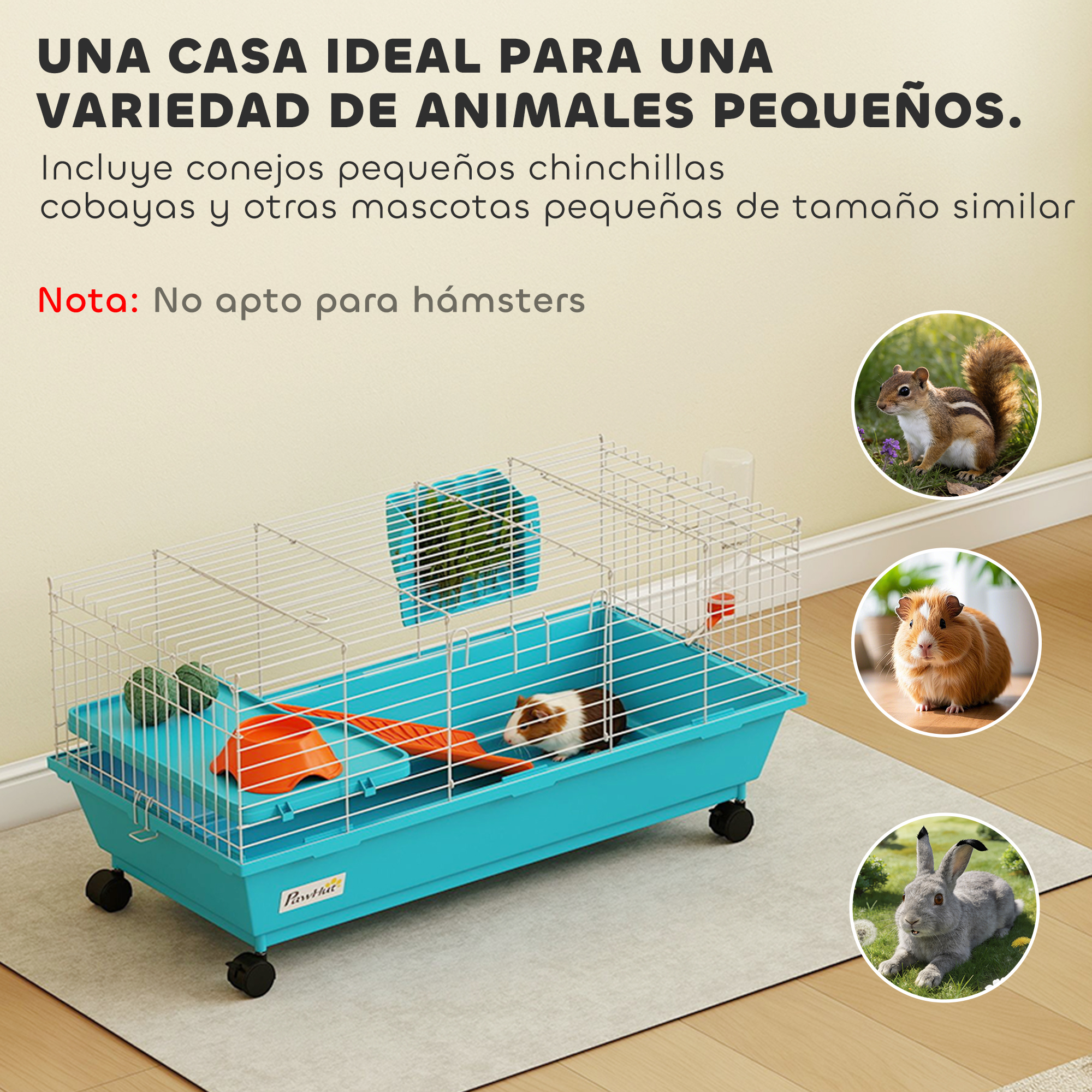 Una jaula azul para animales pequeños con ruedas, un conejillo de indias y un chipmunk.
