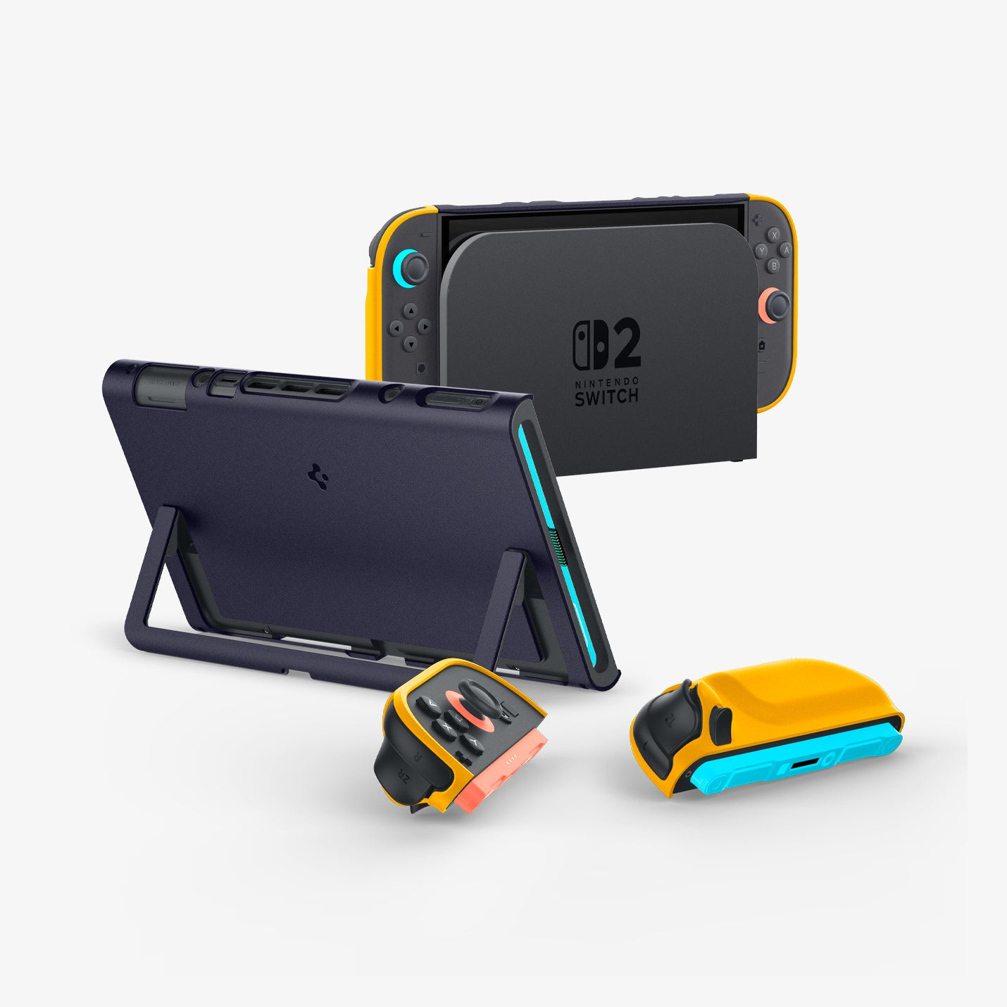 Nintendo Switch, supporto e controller in giallo, blu e blu scuro.
