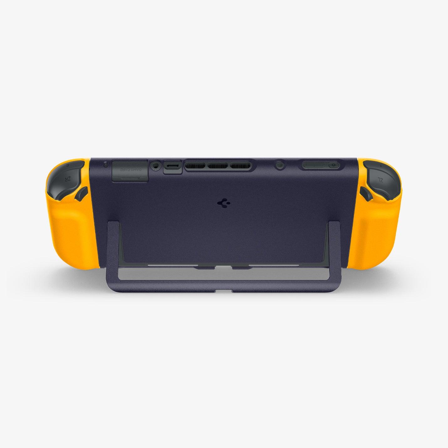 Mostrata una Nintendo Switch blu scuro e gialla con cavalletto.