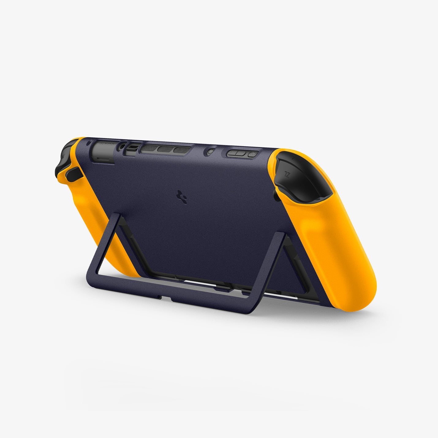 Una custodia per console di gioco blu e gialla con cavalletto integrato.