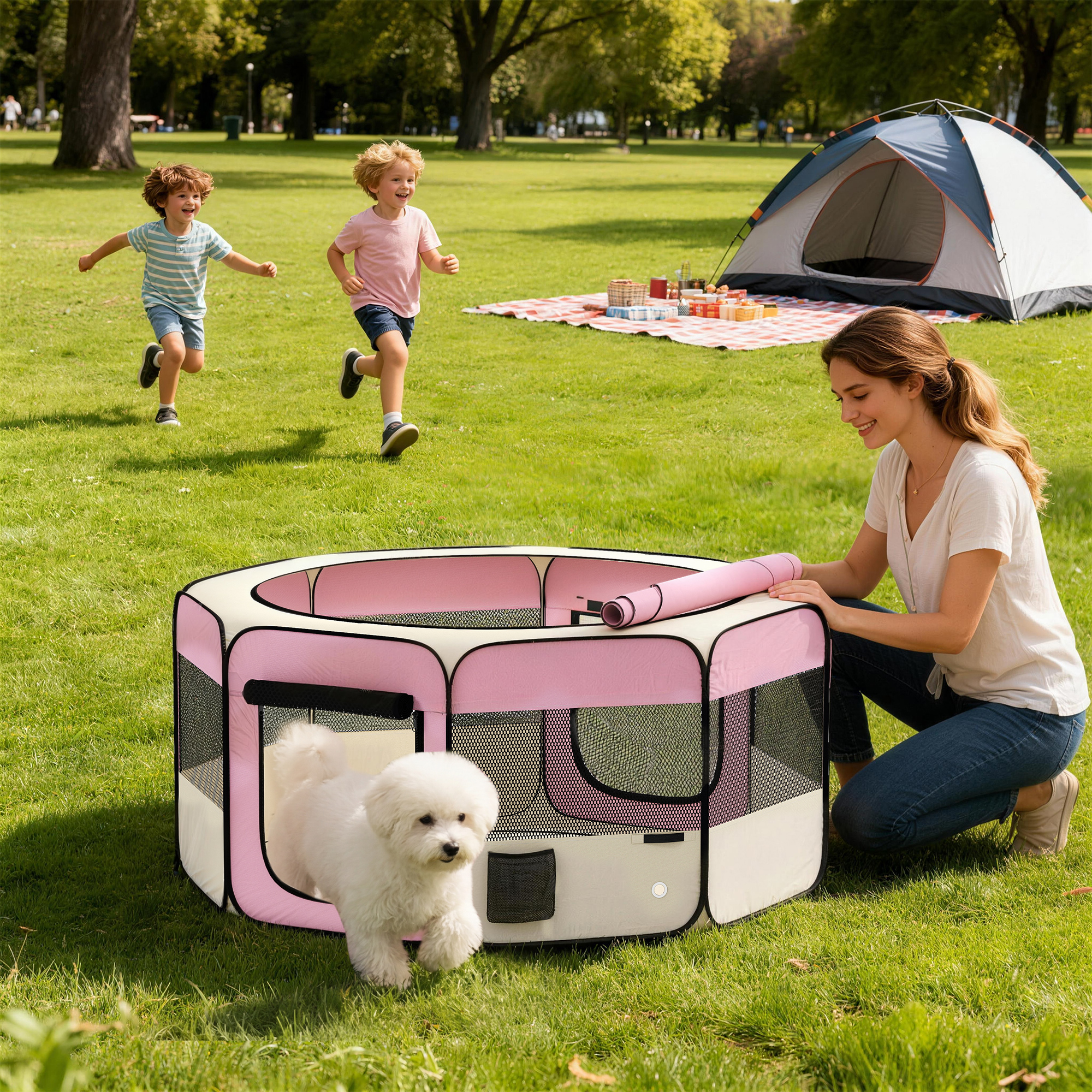 Mujer y perro junto a parque infantil rosa en parque; niños corren al fondo, tienda y manta.