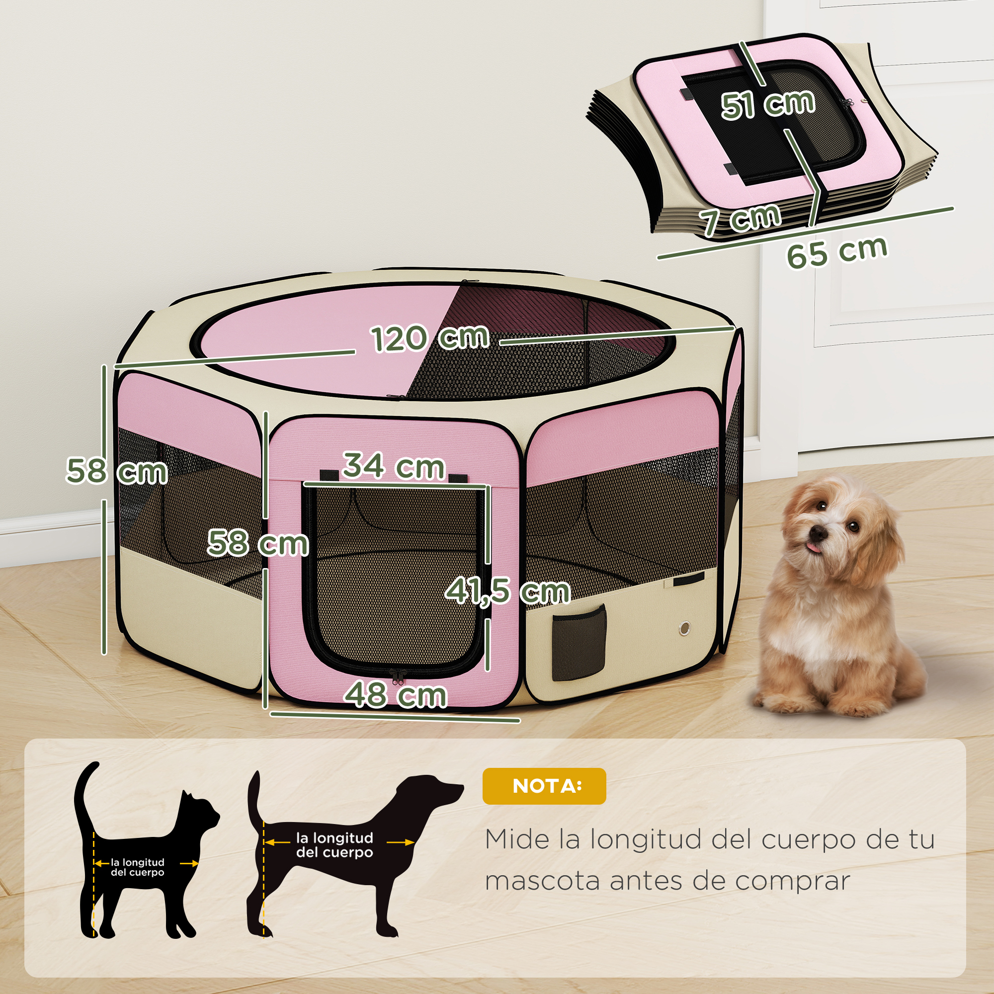 Un corralito para mascotas rosa y beige con dimensiones. Un perro sentado.