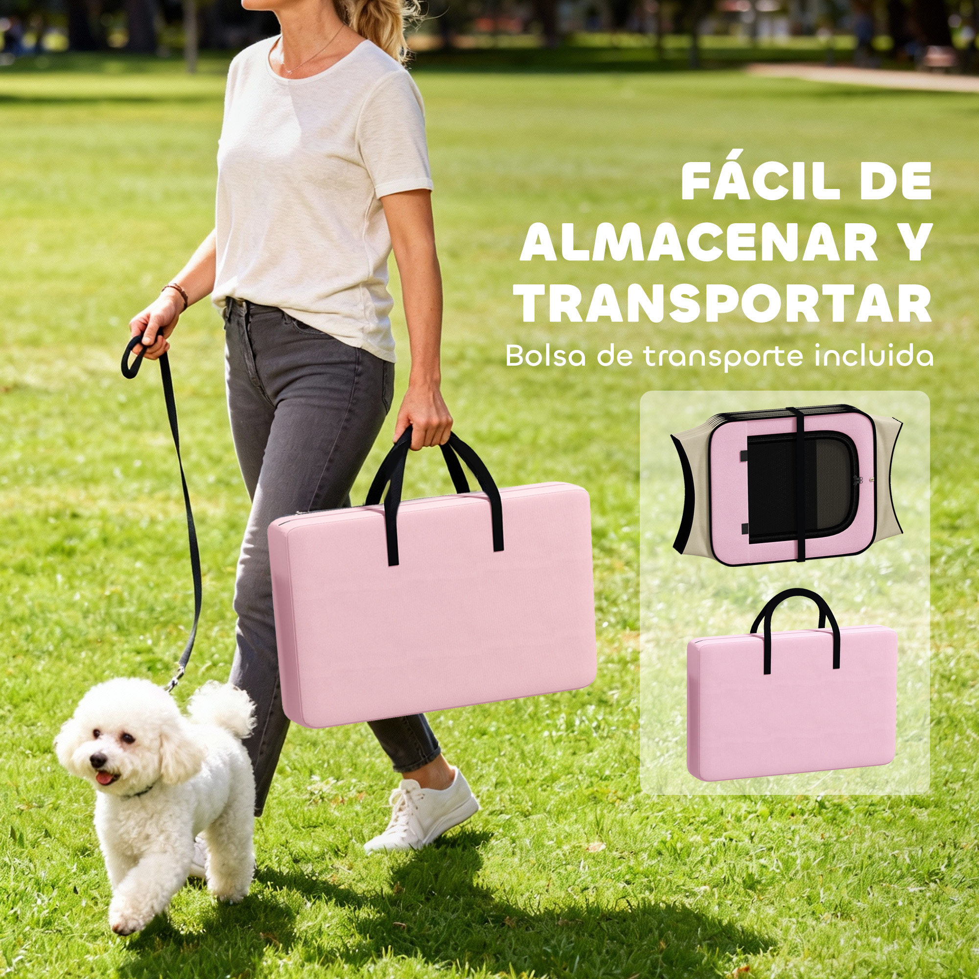 Una mujer pasea un caniche blanco con correa en un parque, llevando un bolso rosa.
