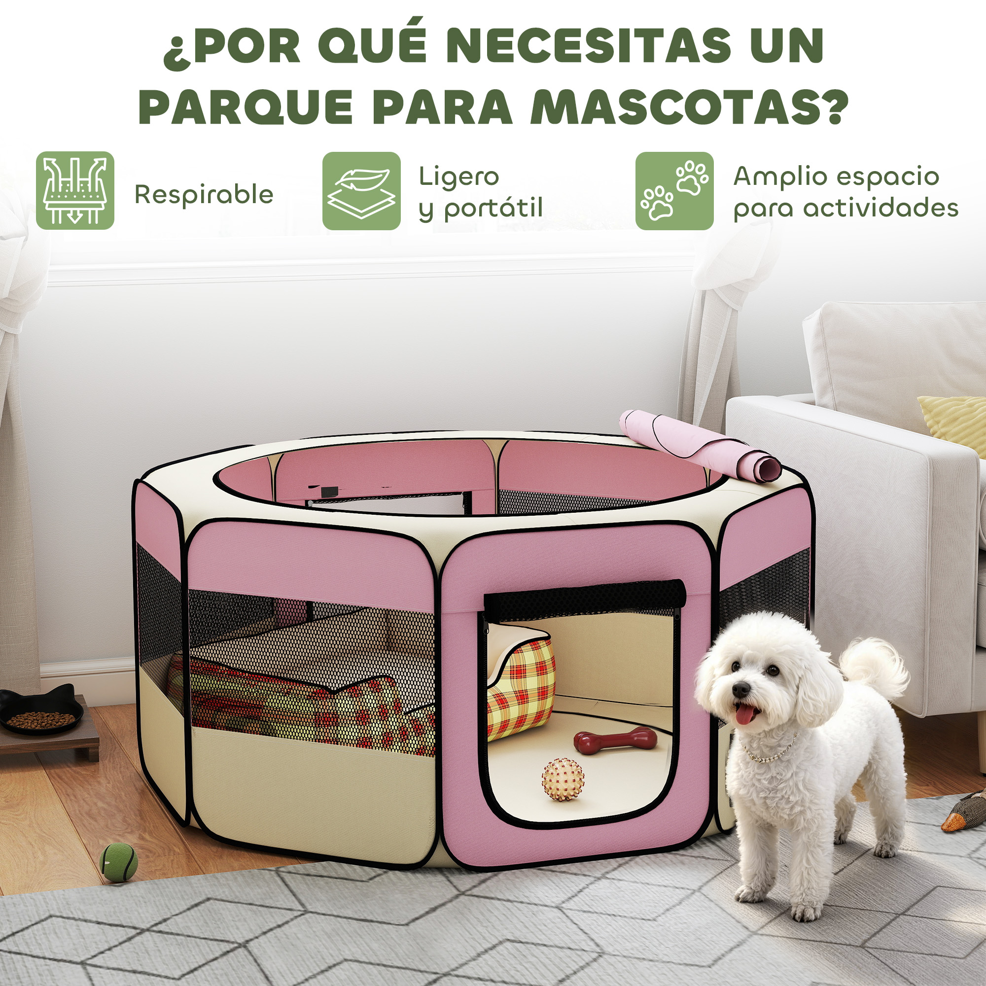 Un perro blanco delante de un parque para mascotas rosa y beige con juguetes.