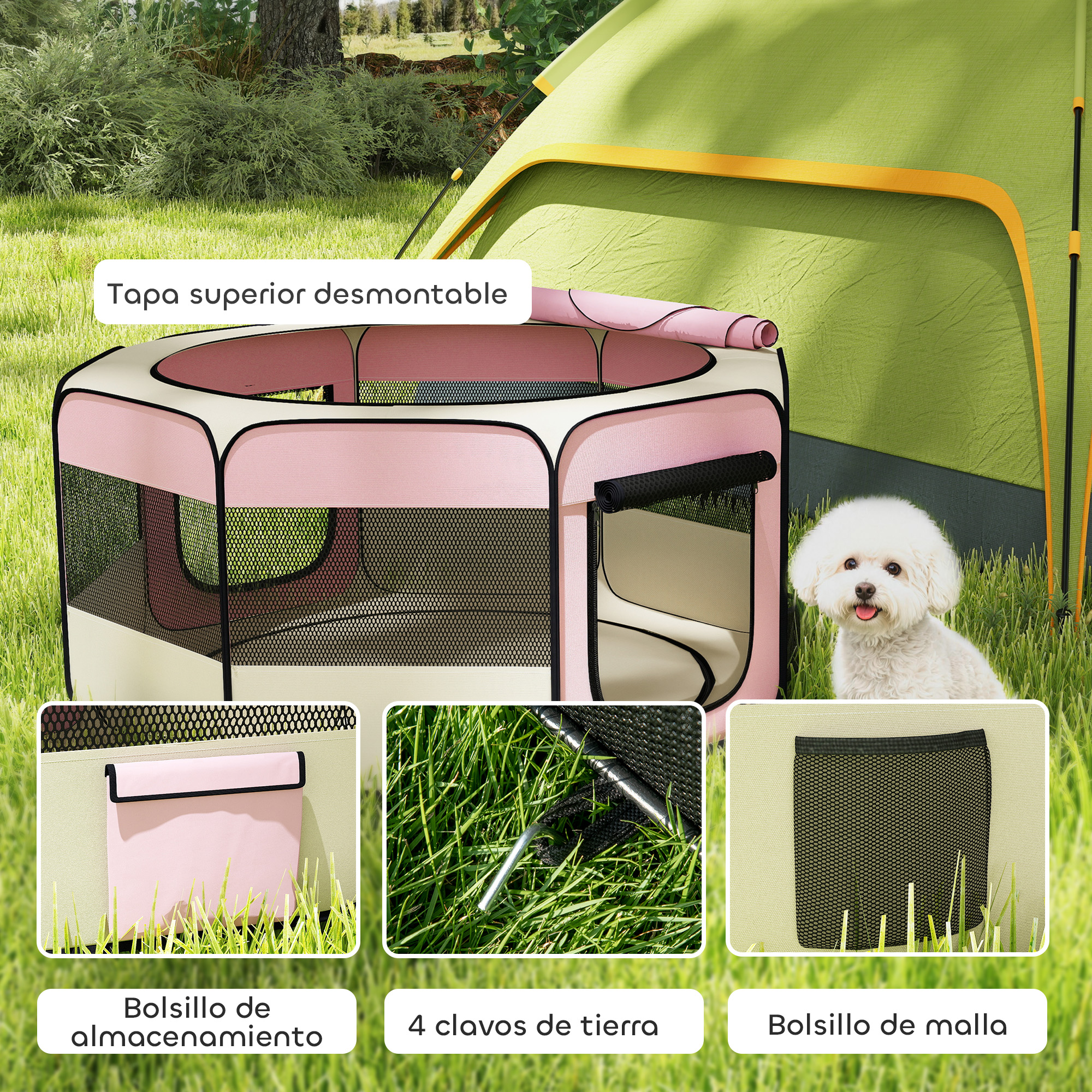 Un perro blanco se sienta junto a un corralito de tienda rosa sobre hierba.
