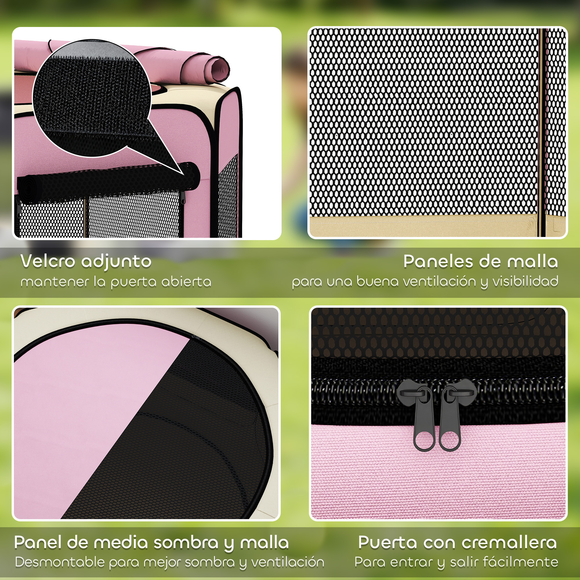 Un transportín rosa con paneles de malla, cremallera y cierres de velcro.