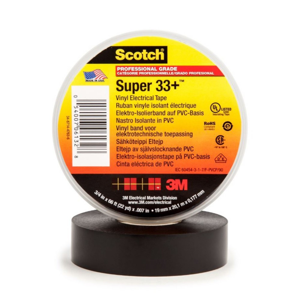 Schwarzes Scotch Super 33+ Vinyl-Isolierband mit Produktinformationen und Logos.