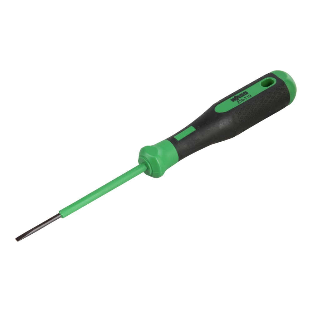 Un cacciavite a taglio con manico nero e verde e asta verde.