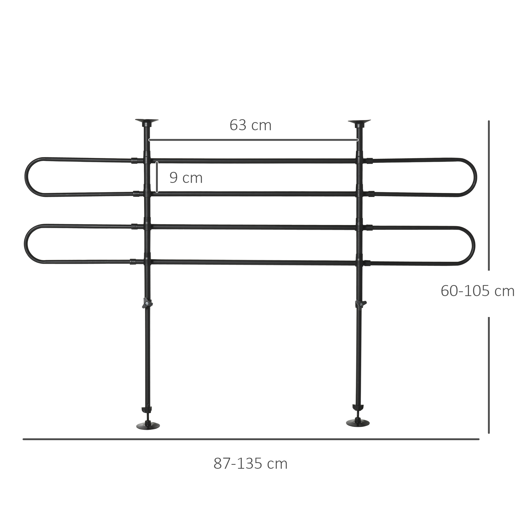 Barrera negra ajustable con barras en forma de U y dimensiones.