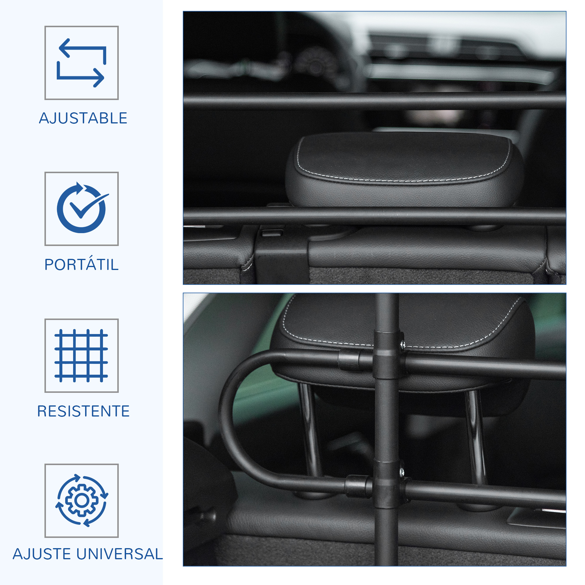 Barrera de seguridad ajustable para coche en el maletero, mostrando sus funciones.