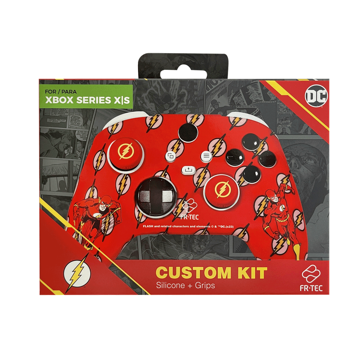 Skin rossa per controller Xbox Series X|S a tema Flash, motivo fulmine e logo DC.