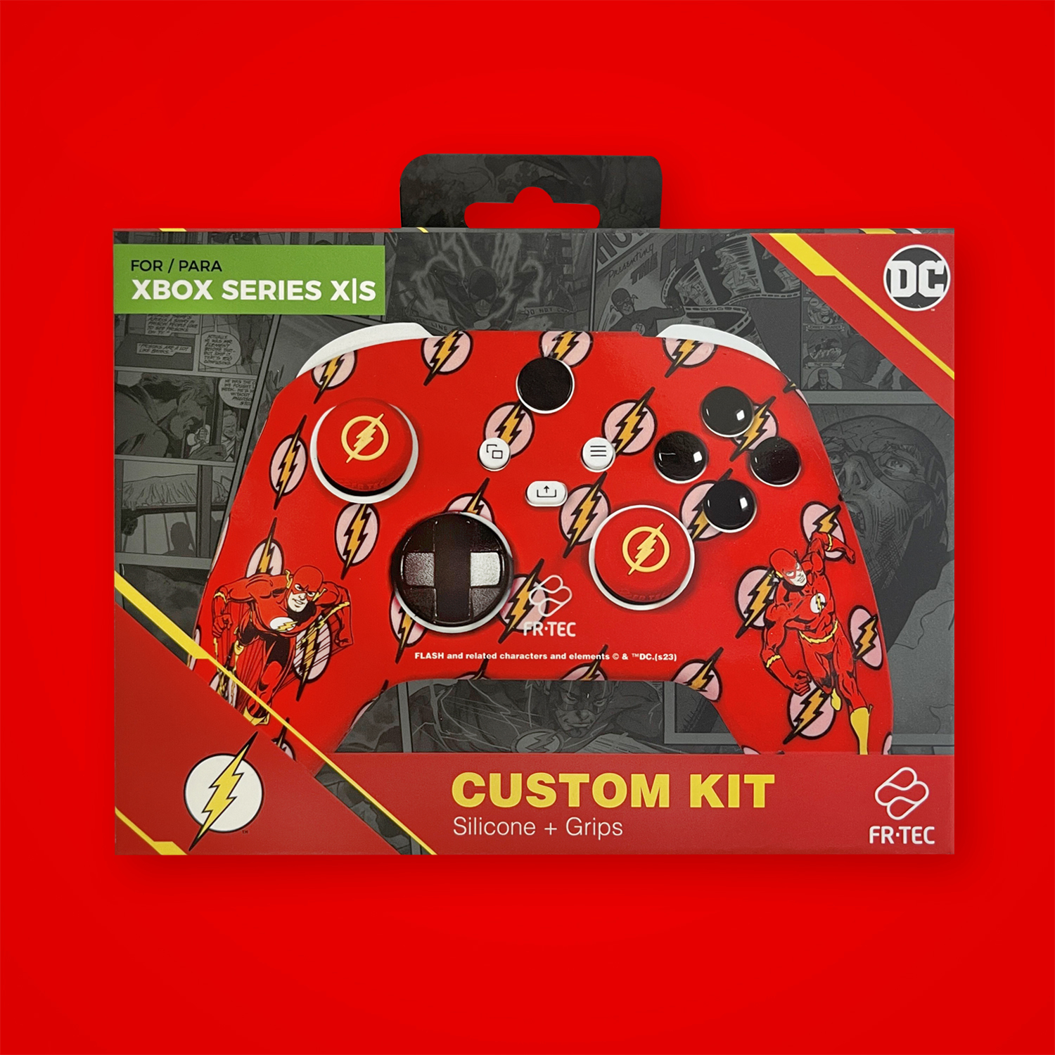 Czerwona nakładka na kontroler Xbox Series X|S z motywem Flasha i komiksowymi elementami.
