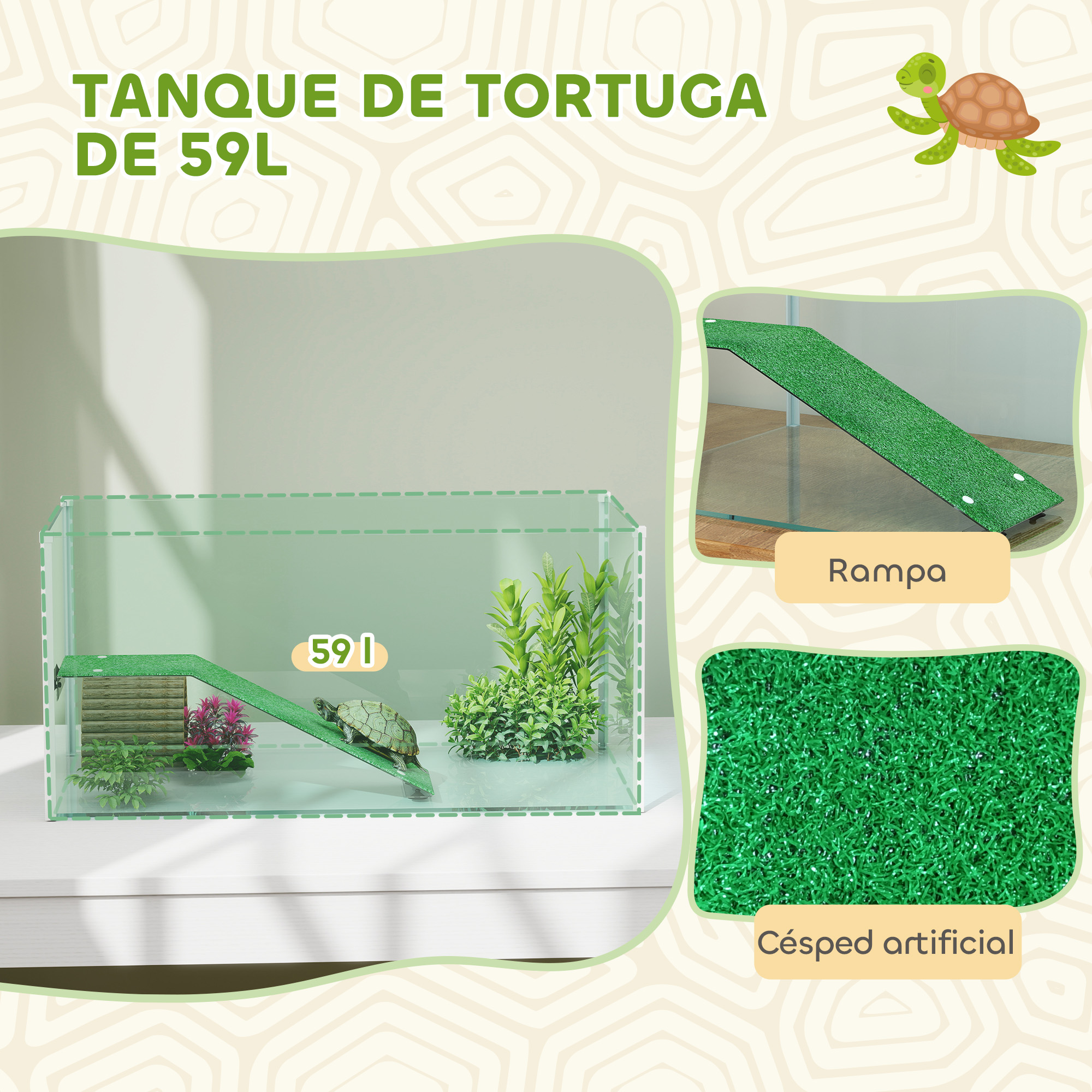 Un tanque de tortuga de 59L con una tortuga, rampa y plantas.