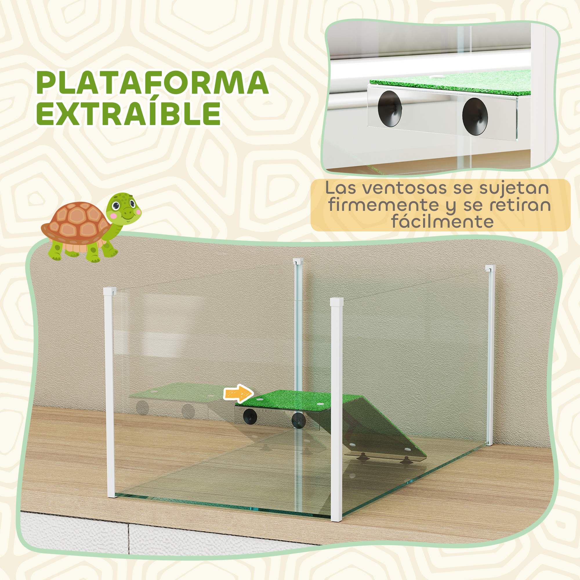 Plataforma para tortugas con césped verde y recinto de cristal.