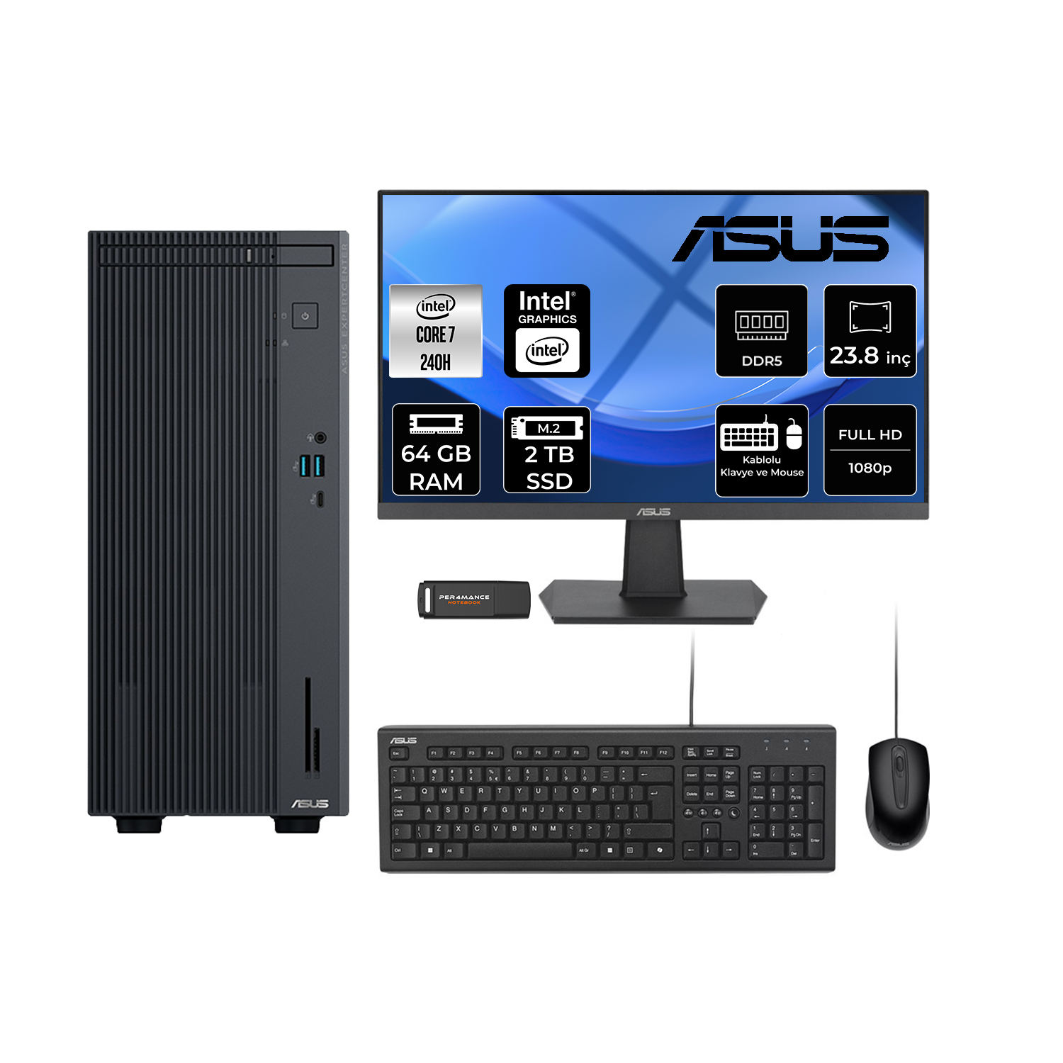 ASUS EC P500MV 23.8" PER4 Bellek P500C724016512B0DP555 Intel Core 7 240H 64 GB RAM 2 TB SSD FreeDOS Masaüstü Bilgisayar