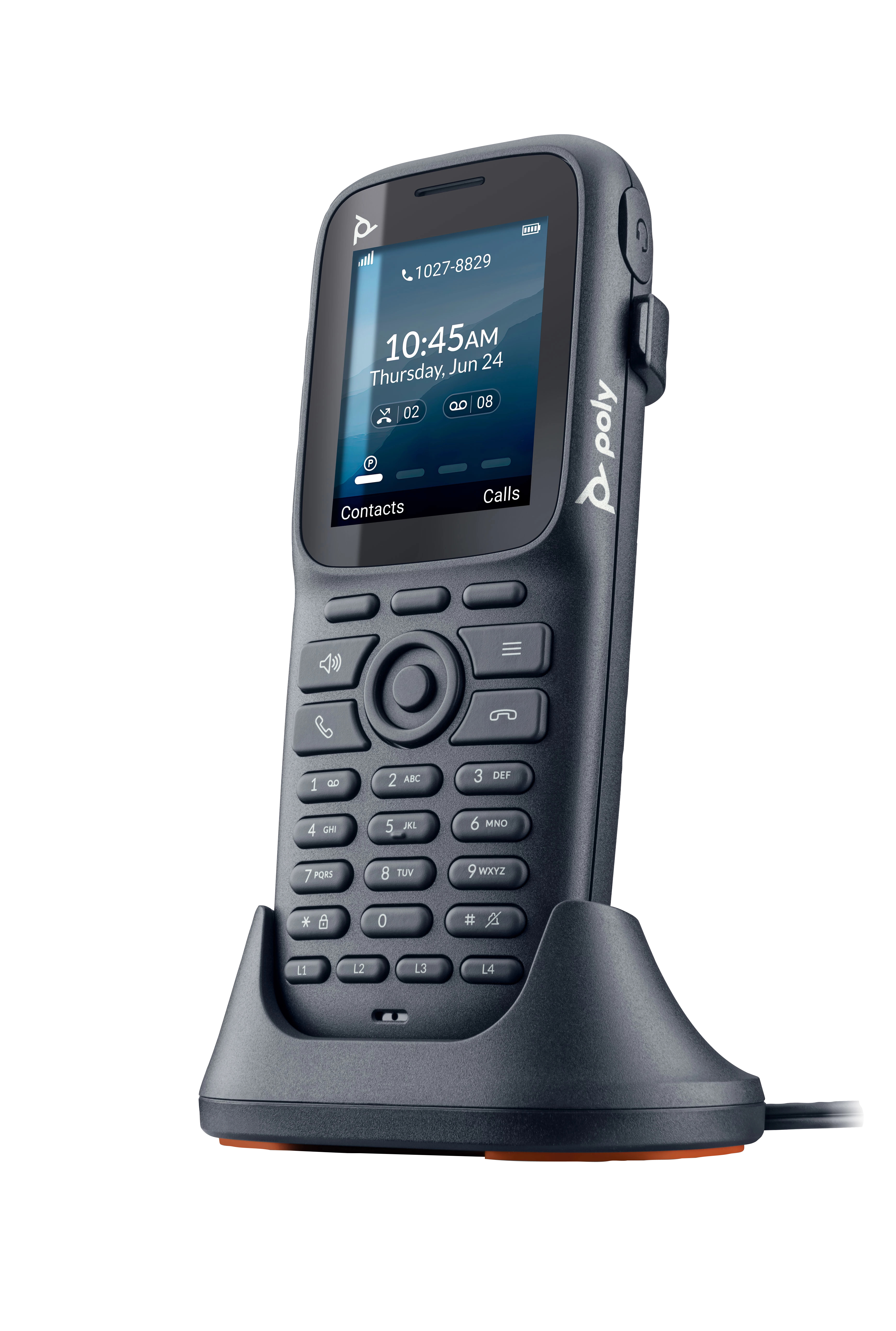 Un telefono Poly scuro con tastiera e schermo in una base di ricarica.
