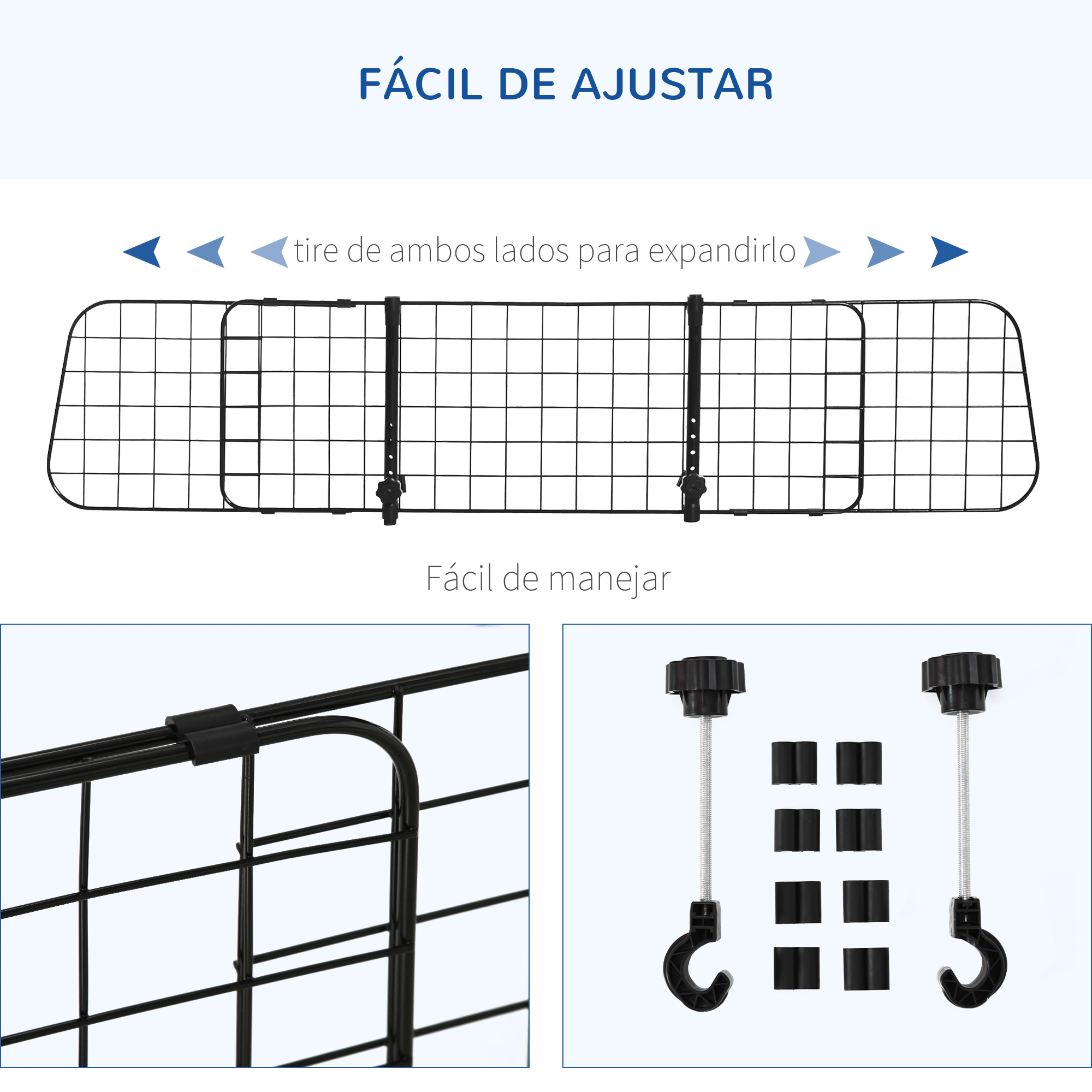 Una valla de rejilla de metal negra con postes y ganchos ajustables.