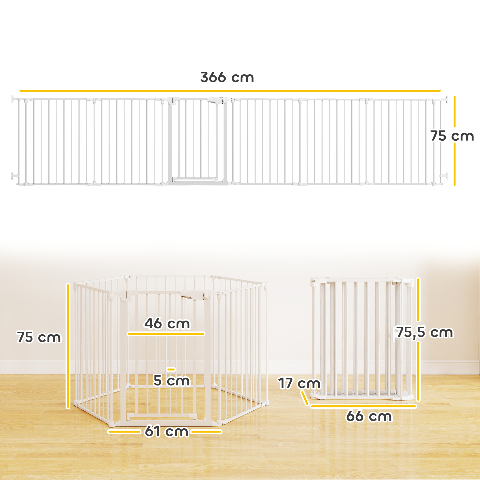 Barreras de seguridad blancas en varias configuraciones con dimensiones.