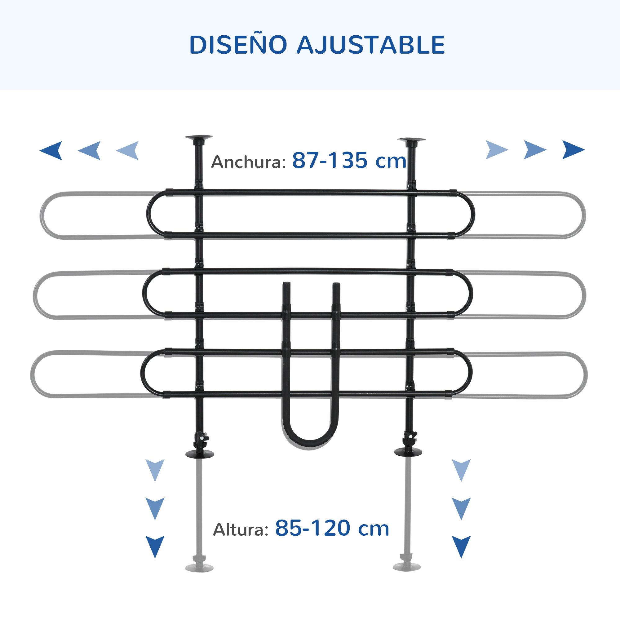 Marco negro ajustable mostrando ancho 87-135 cm y alto 85-120 cm.