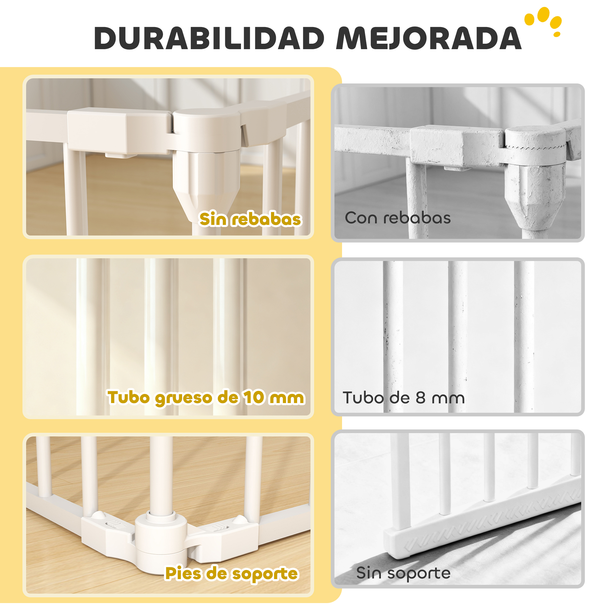 Comparación de barreras para bebés: lisas vs. rugosas, tubos de 10mm vs. 8mm, con pies.