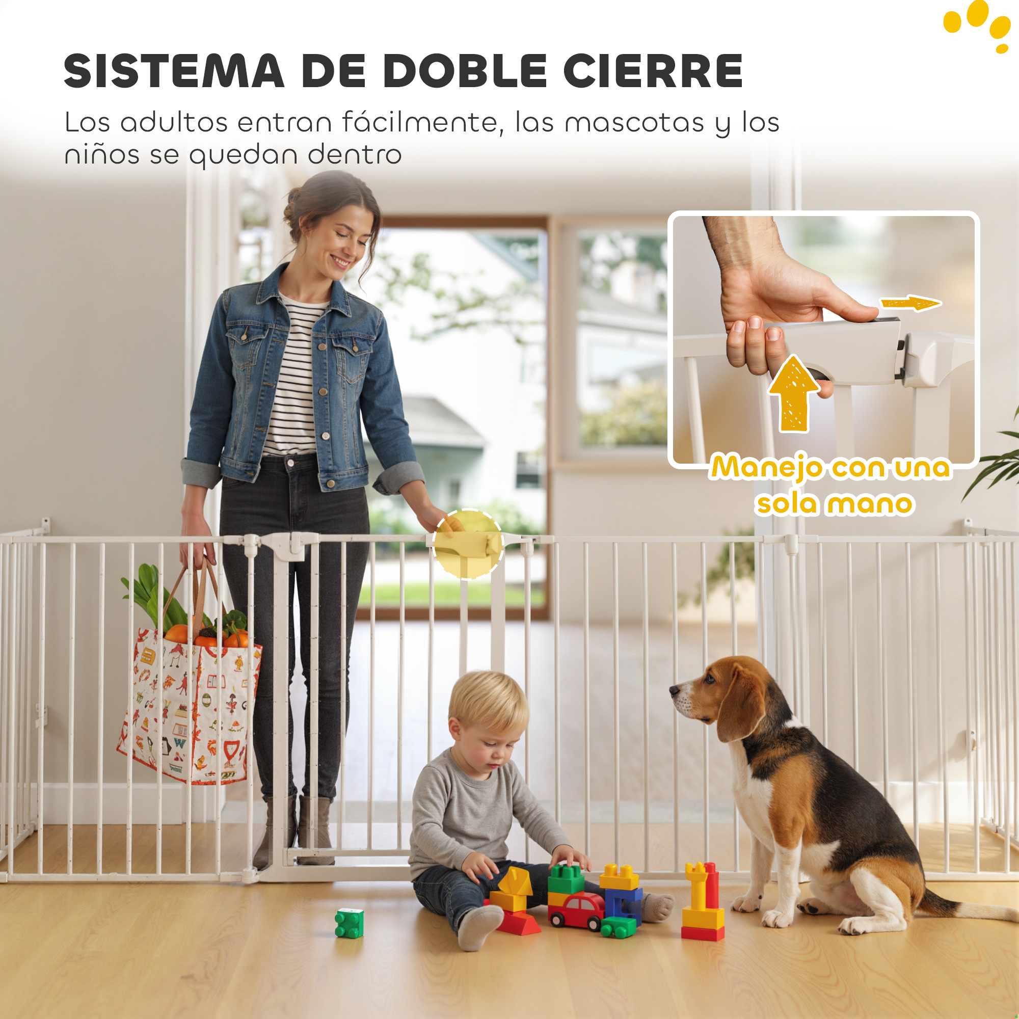 Una mujer con bolsa de compras, un niño juega con bloques, un perro sentado tras puerta blanca.