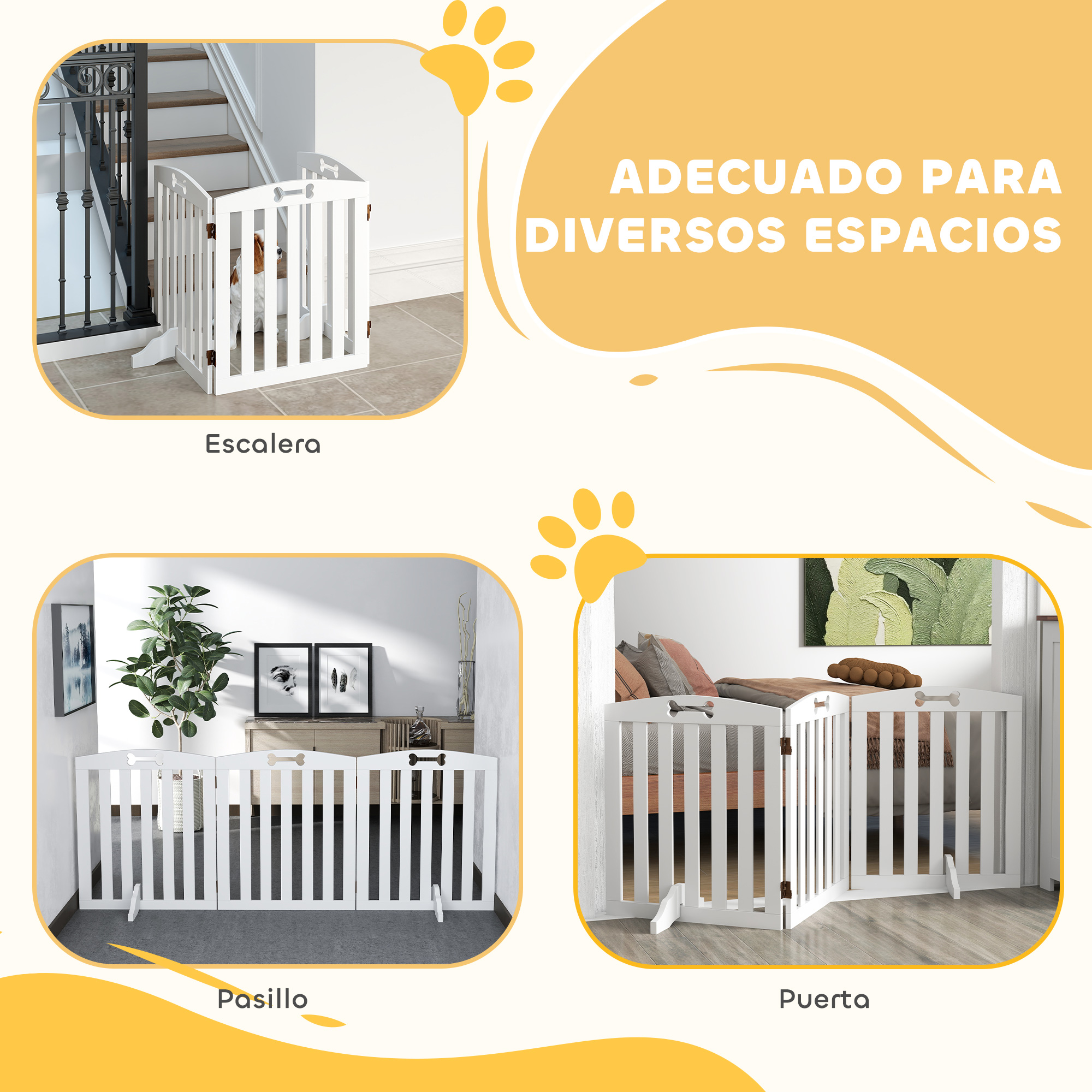 Una puerta blanca para perros se muestra frente a escaleras, pasillo y puerta.