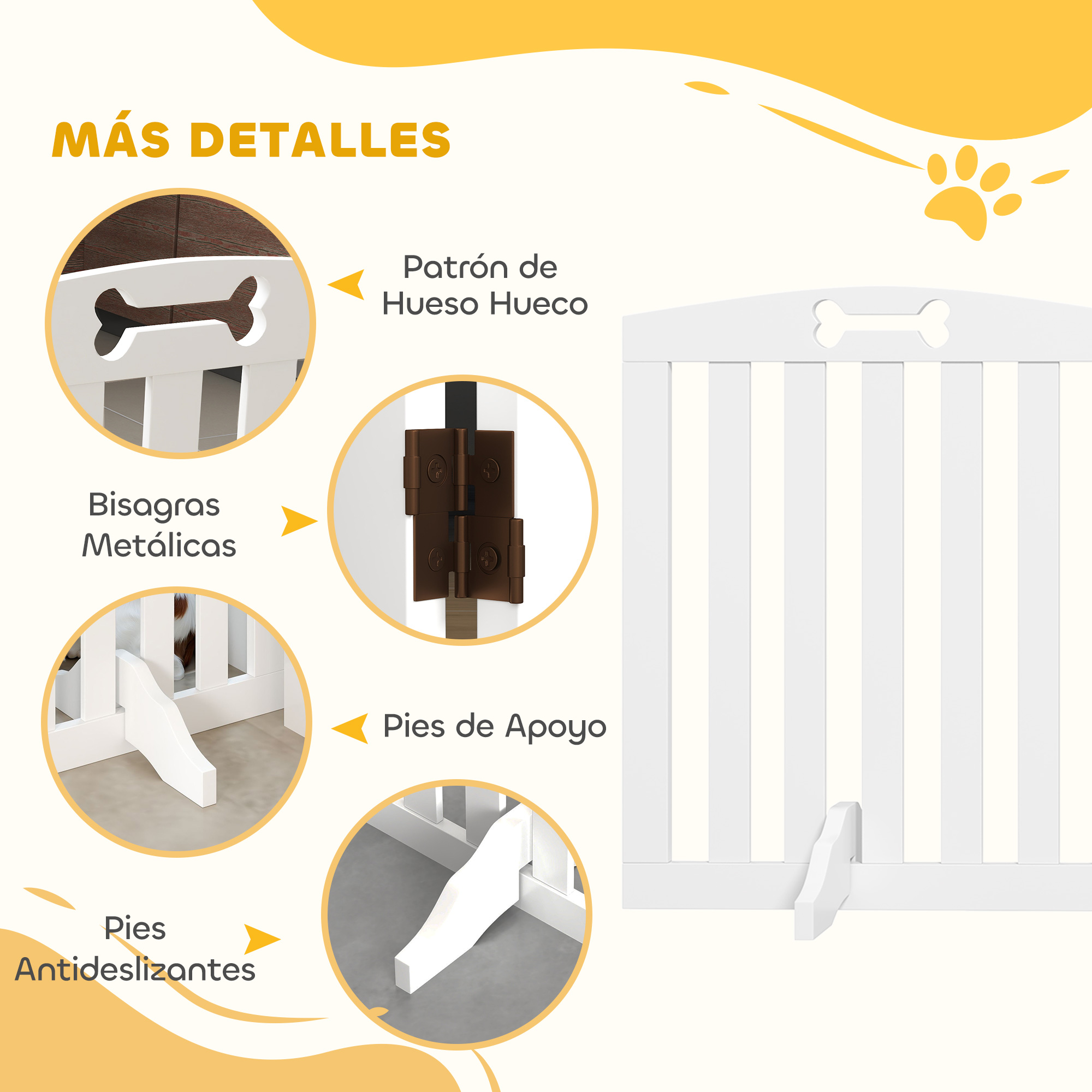 Una puerta blanca para perros con corte de hueso y pies de apoyo.